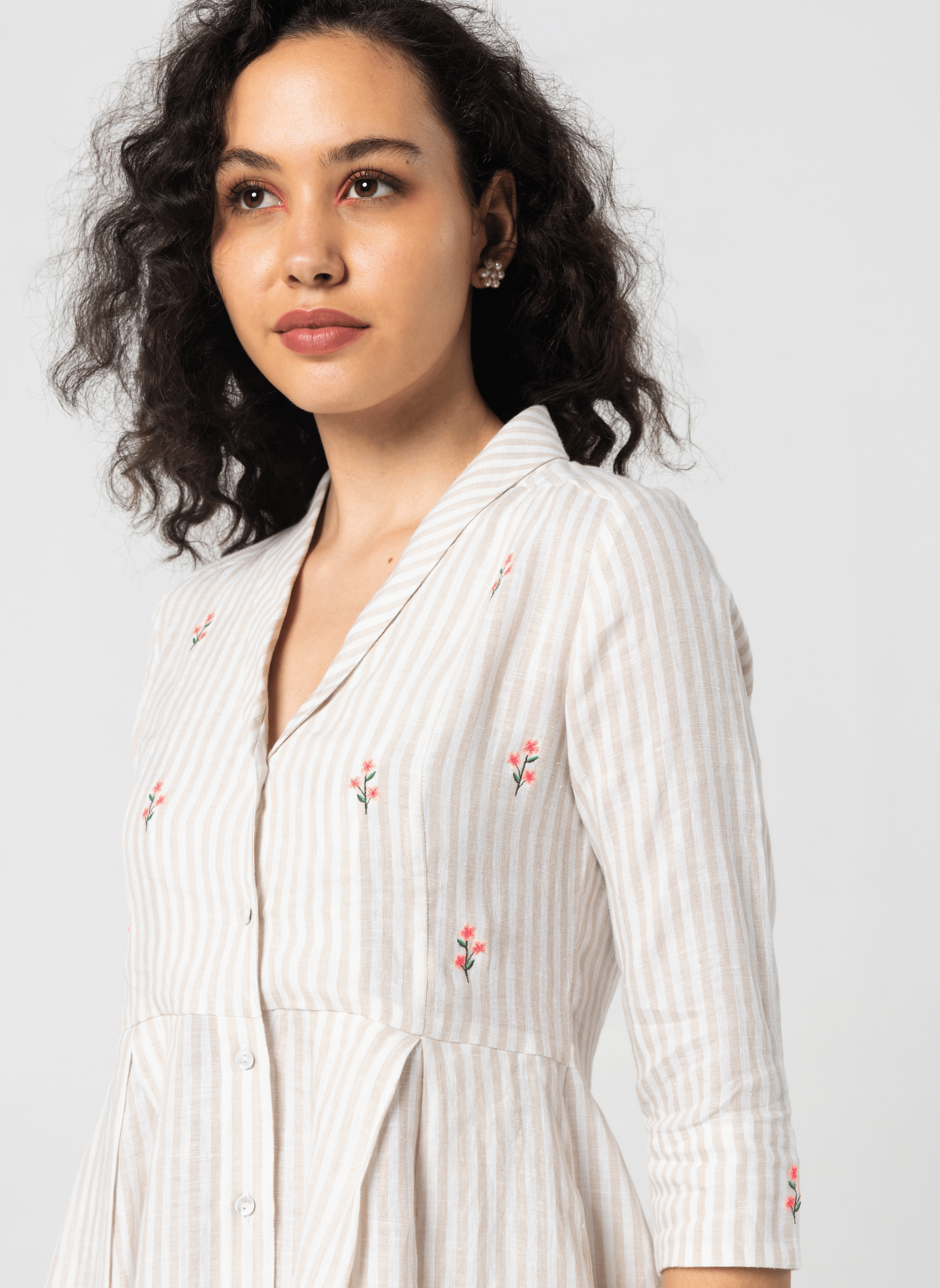 100% Linen Beige Striped Shawl-Collar Midi Dress – MWA601
