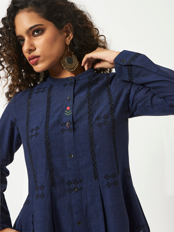 Organic Cotton Navy Chambray Dobby Pleated Full Sleeve Dress - MSG57BNVYDBY