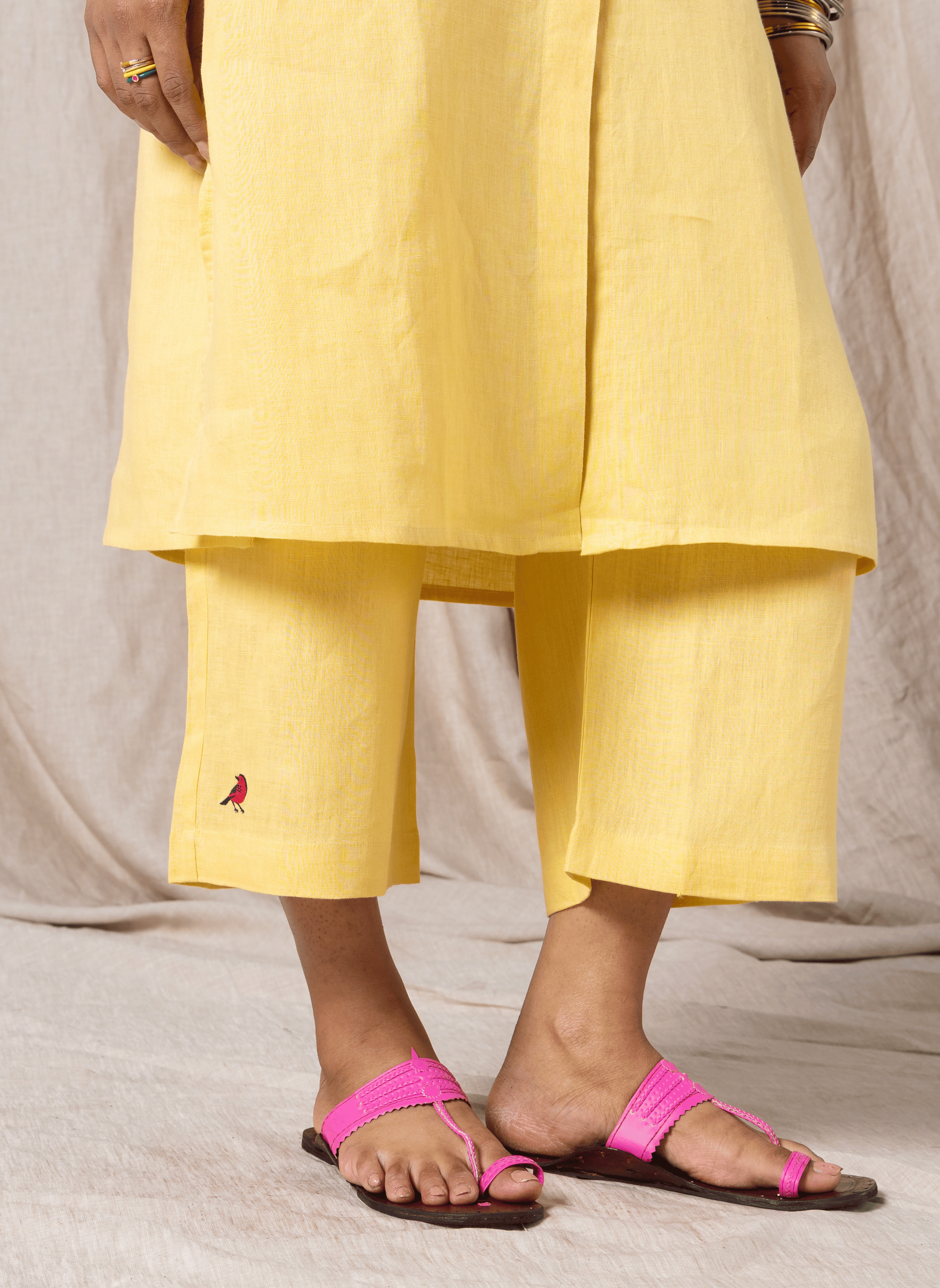 100% Linen Yellow Embroidered Long Top Paired with Yellow Pants – MWA522-20312