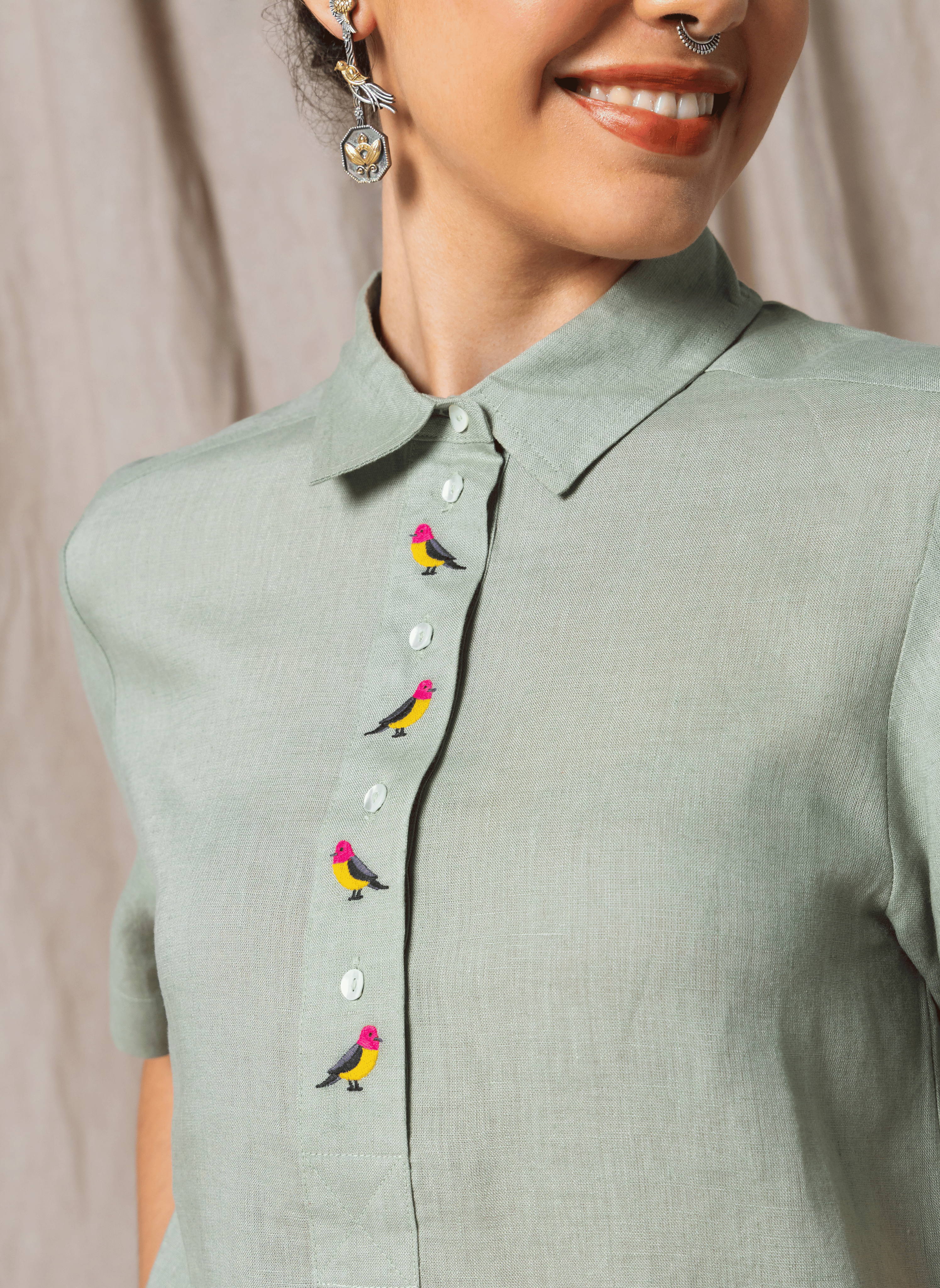 100% Linen Olive Green Embroidered Knee-Length Dress – MWA10401