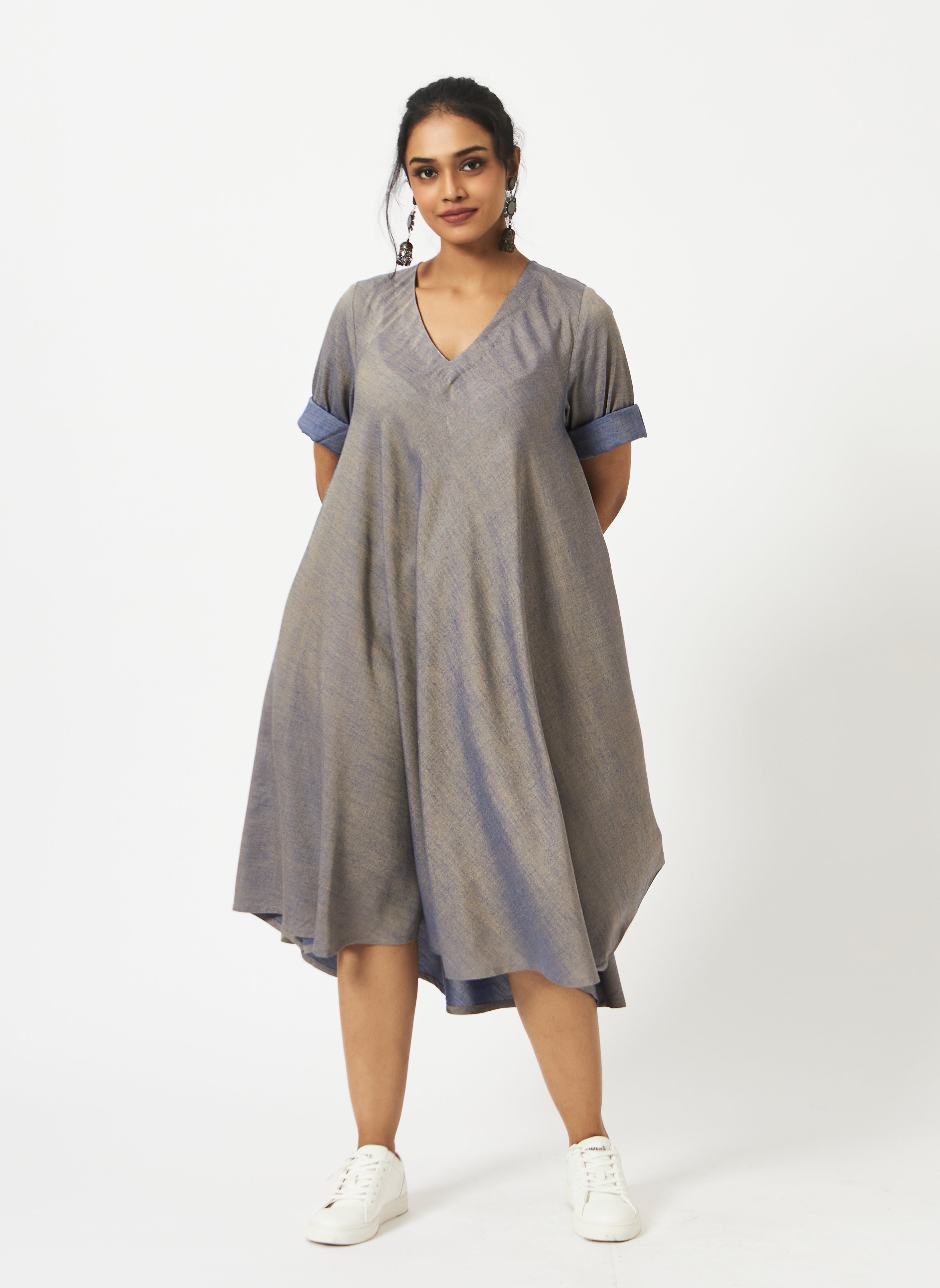 Eco Viscose Blue Duotone V-neck dress-MSG49BLDU