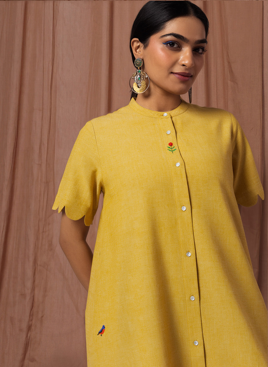 100% Organic Cotton Yellow Scalloped Midi Dress with Embroidery – MWA20533