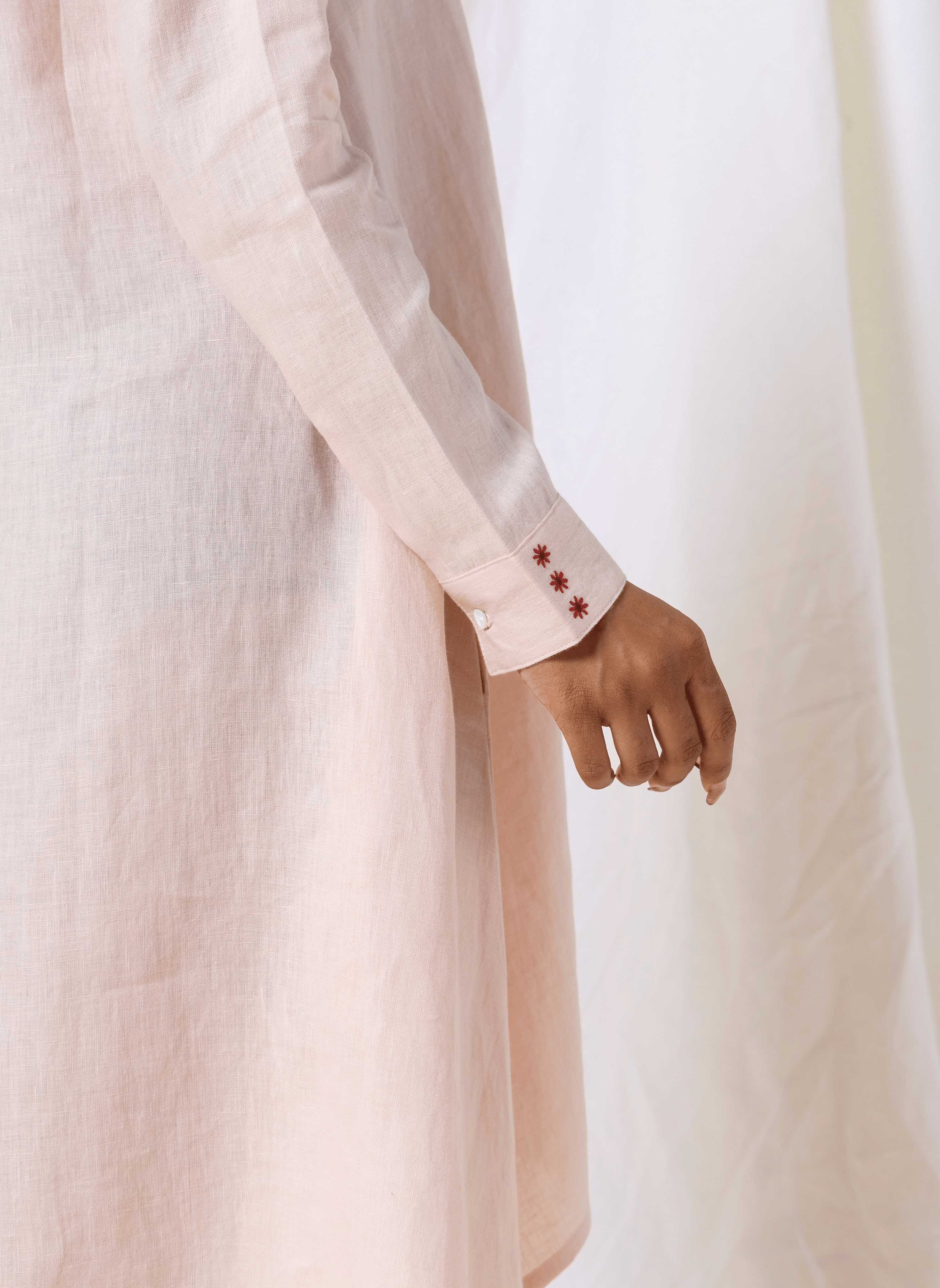 100% Linen Peach High-Low Knee-Length Dress with Embroidery- MWA20781