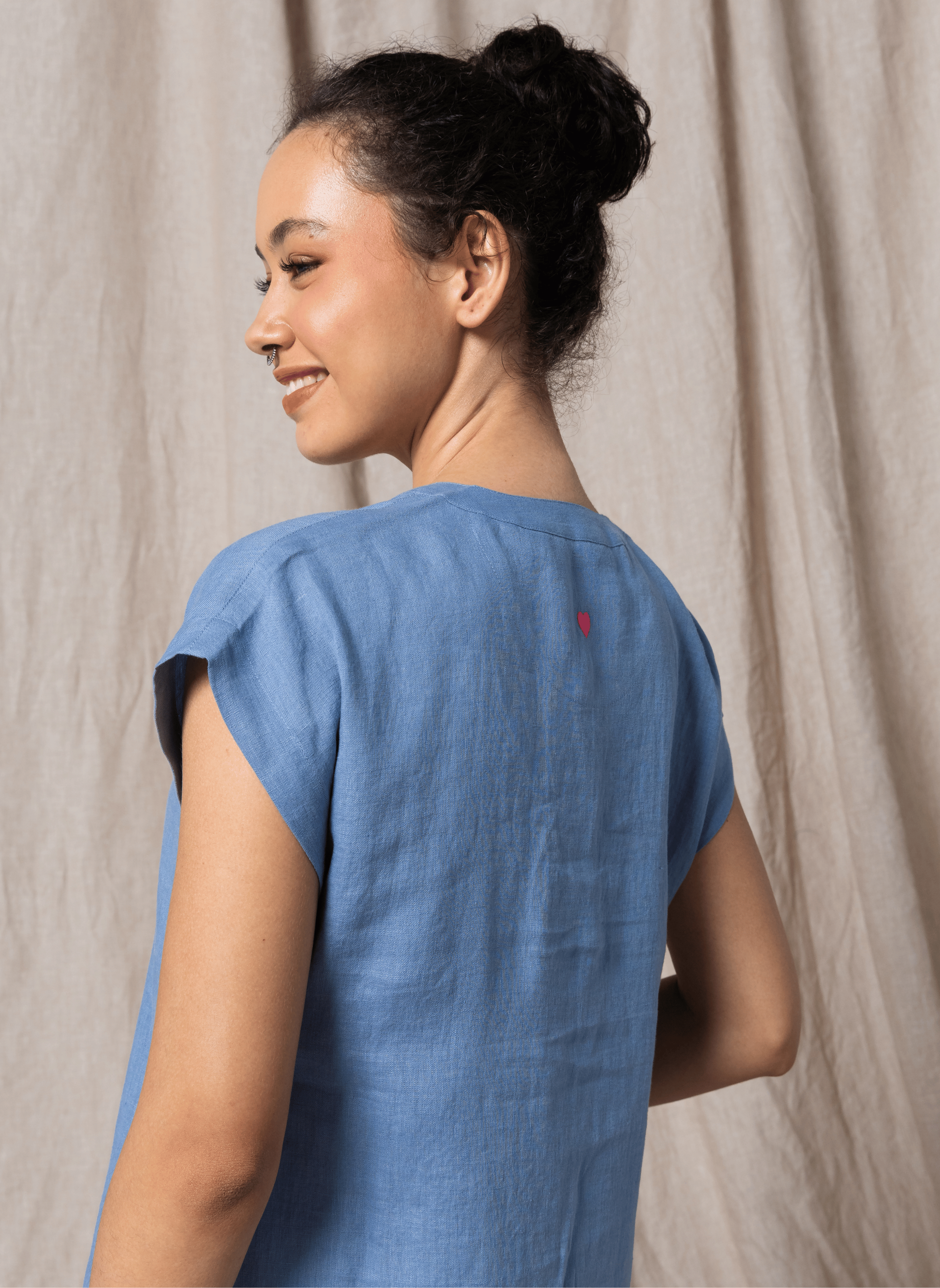 100% Linen Teal Blue Midi Dress with Embroidery - MWA20901