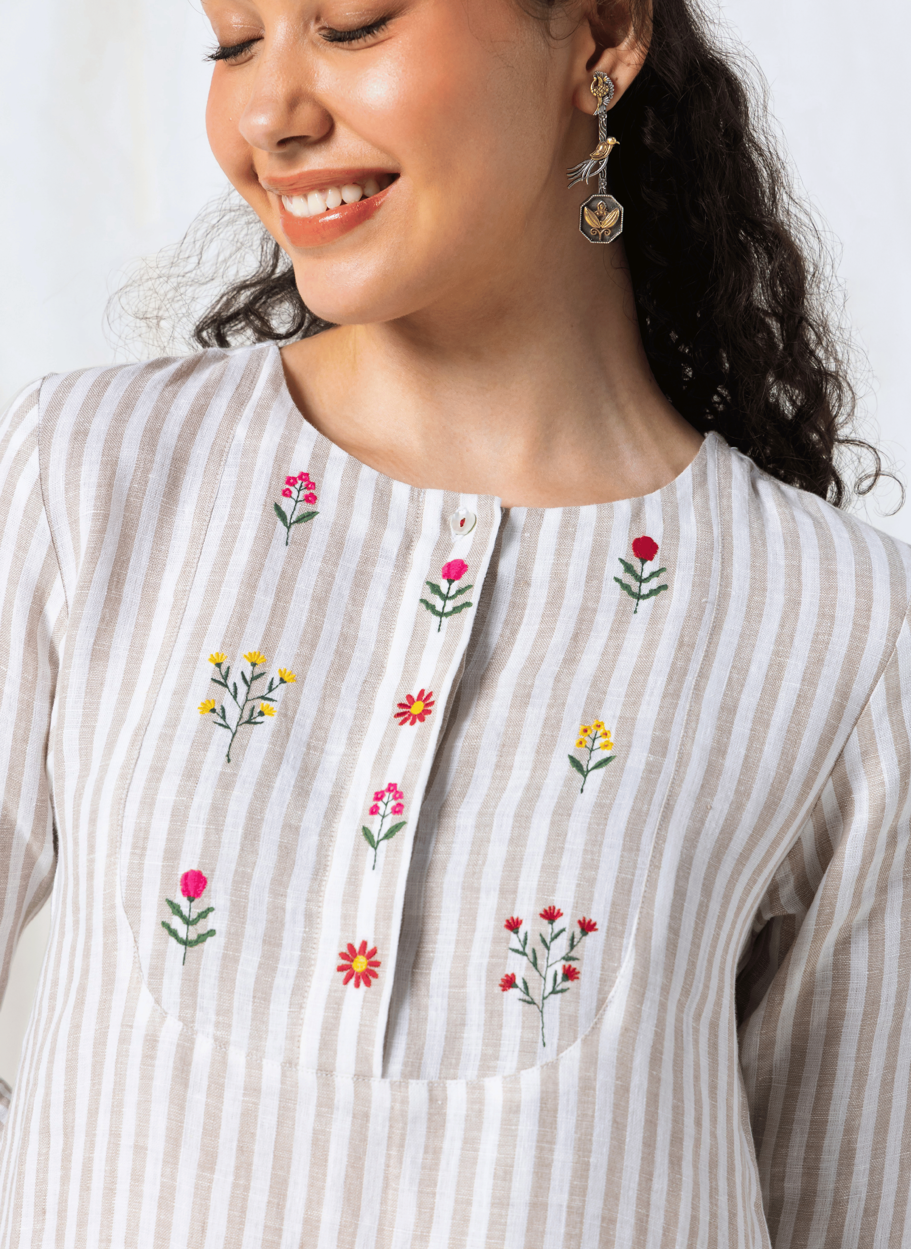 100% Linen Beige Striped Scalloped Kurta Set – MWA20402-20412