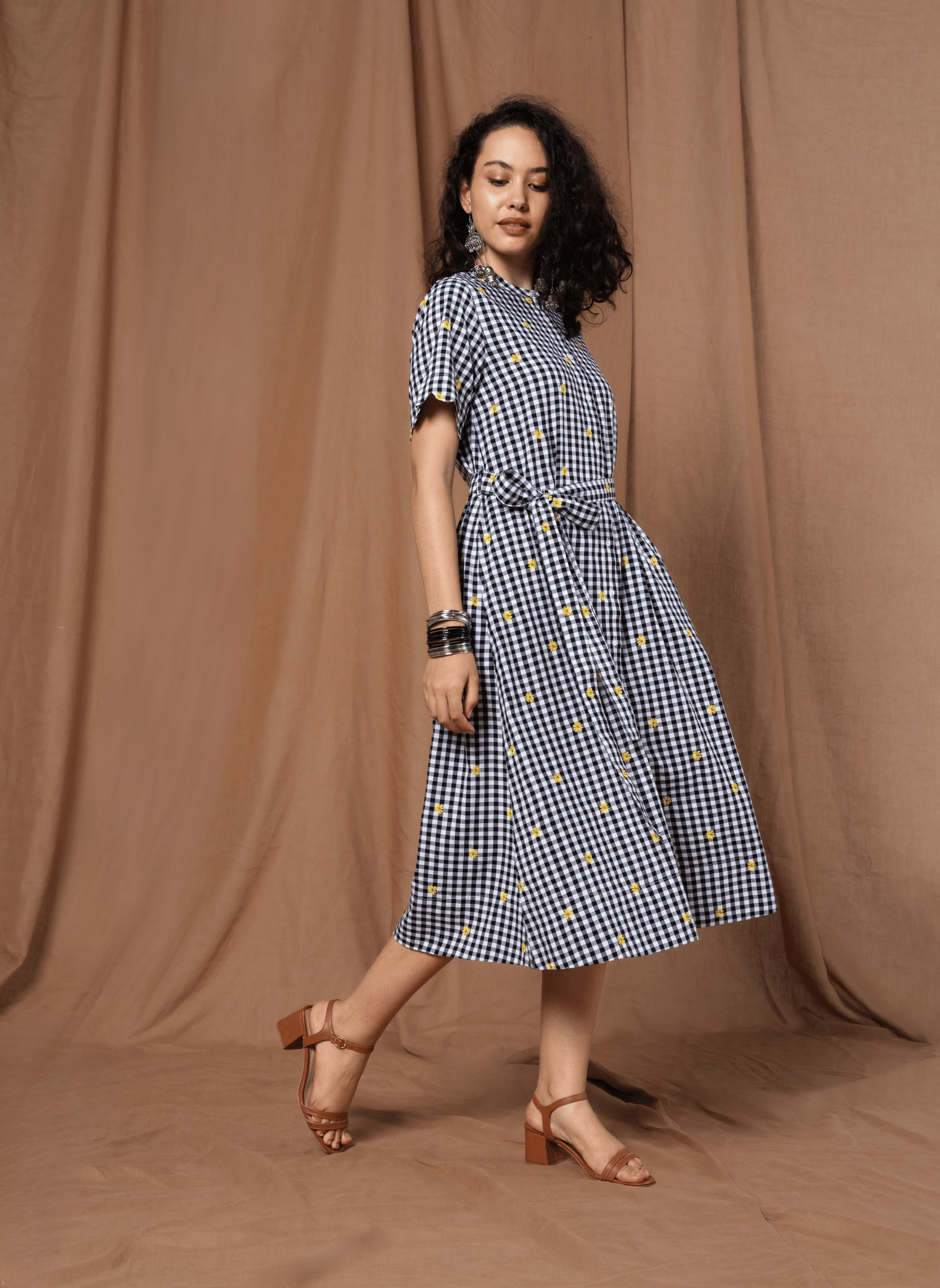 Black Gingham Midi Dress with Yellow Embroidery - MWA20535