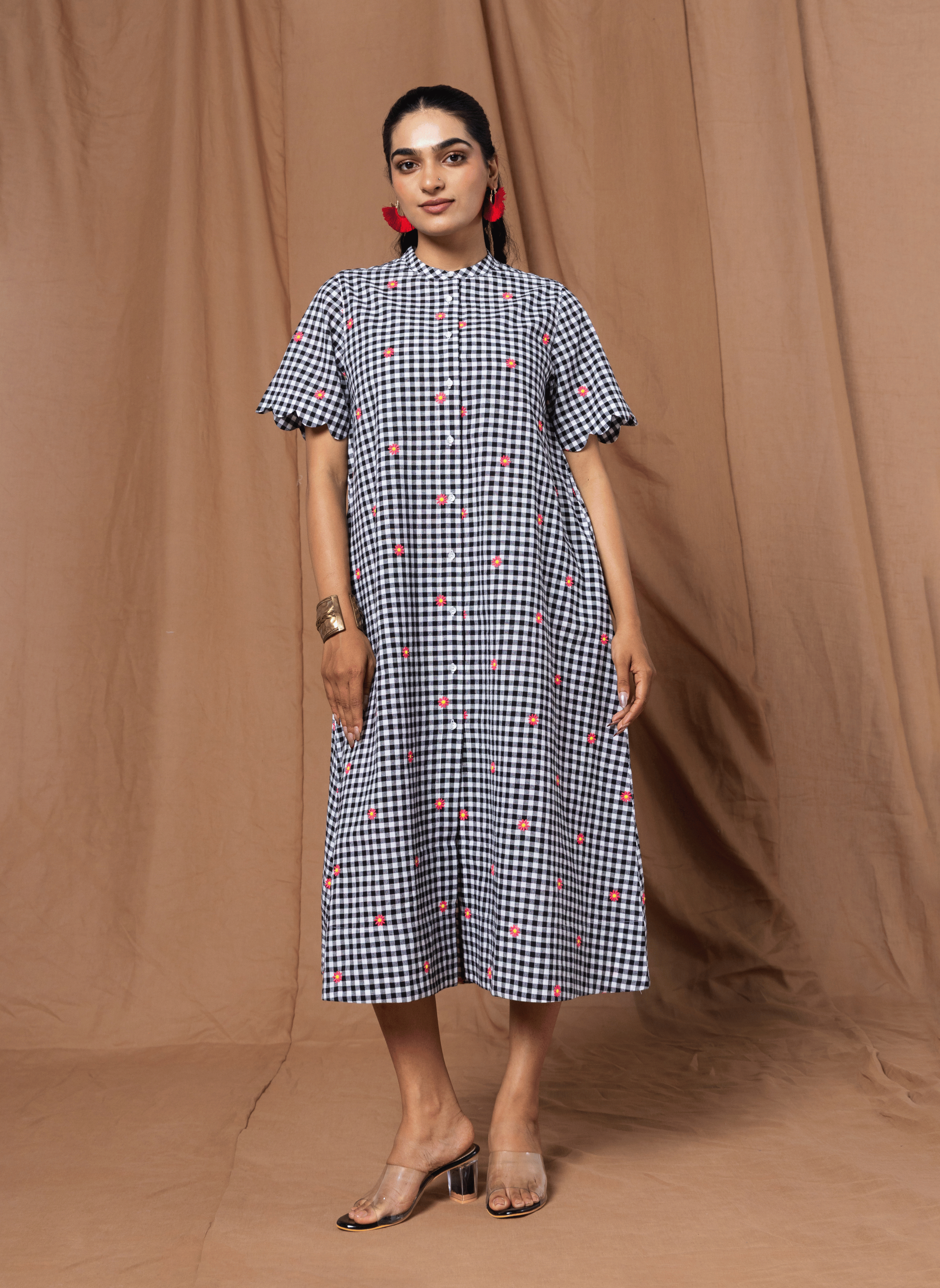 Black Gingham Midi Dress with Pink Embroidery – MWA20534