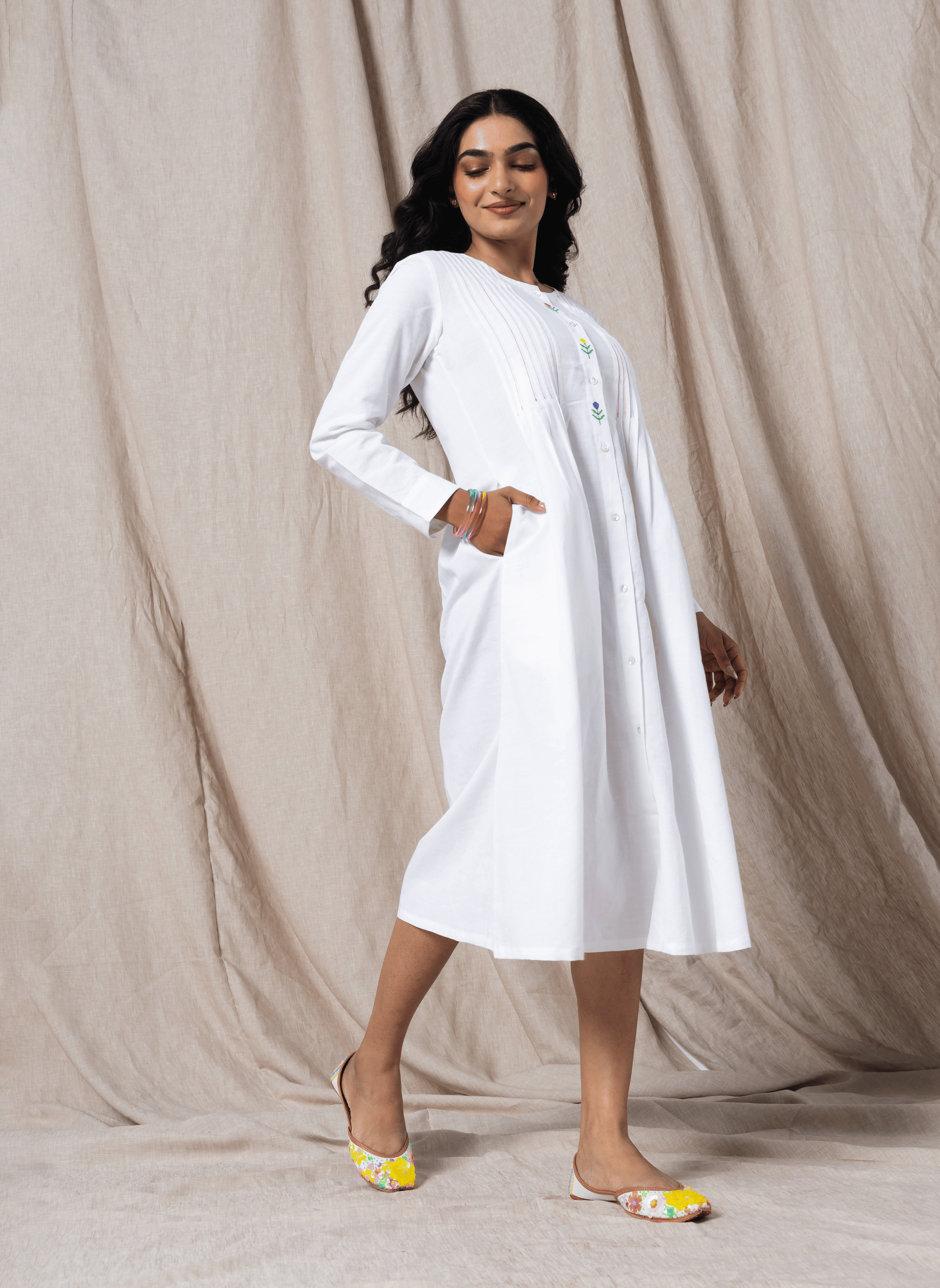 White Cotton Pintuck A-Line Midi Dress with Embroidery - MWA578