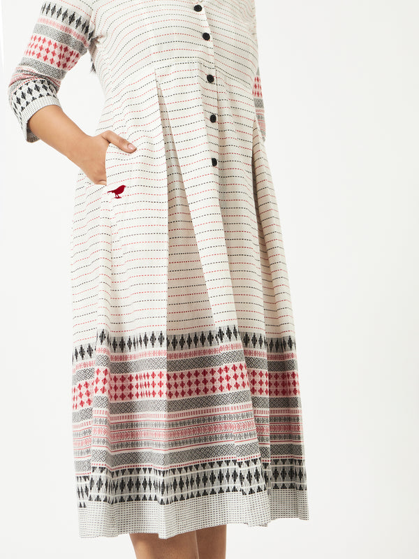 Organic Cotton White Dobby Shawl Collar Pleated Dress - MSG60BWHJCQ