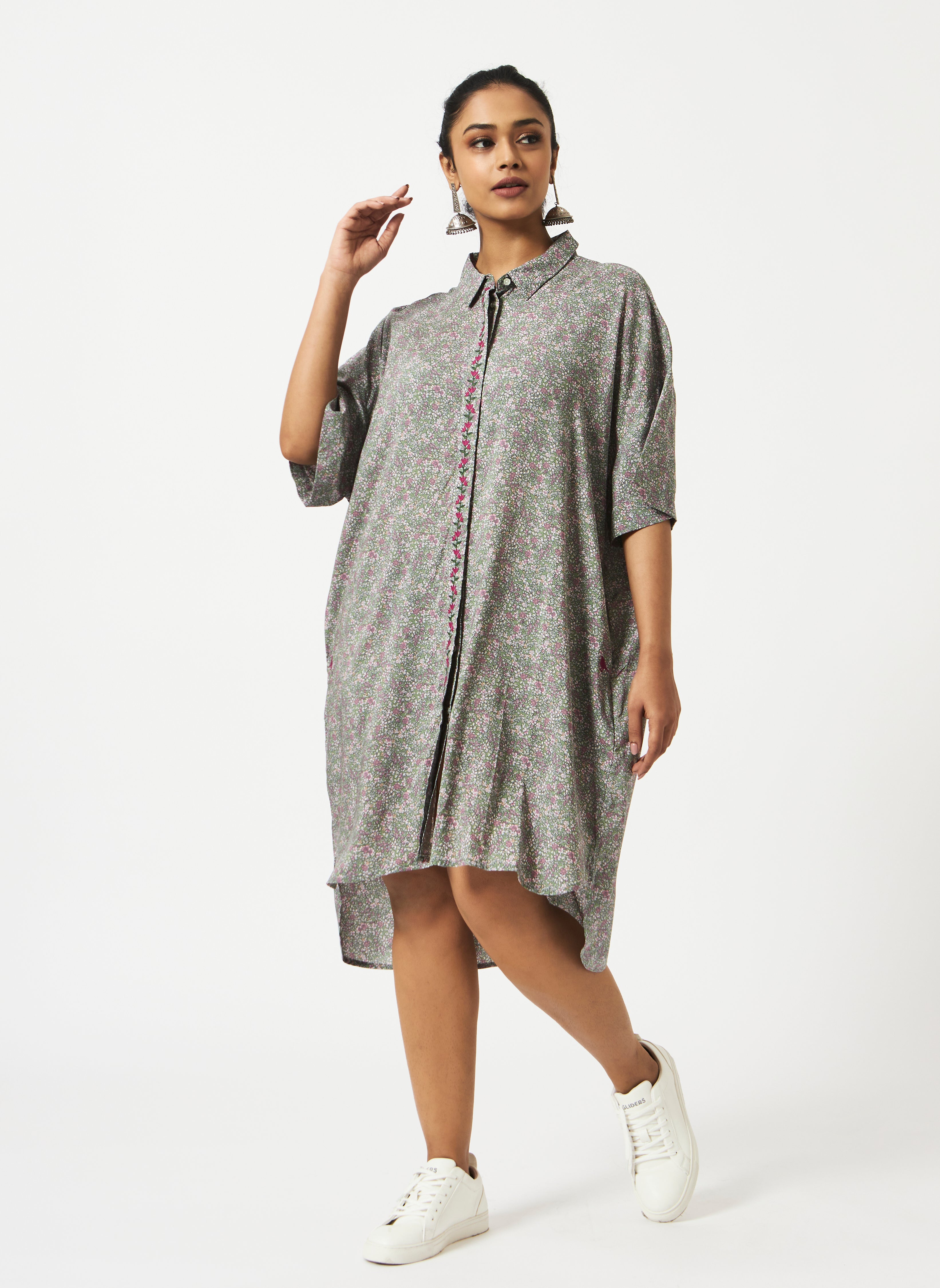 Tencel Green Ditsy Floral Printed Oversized Dress-MSG1035GNMF