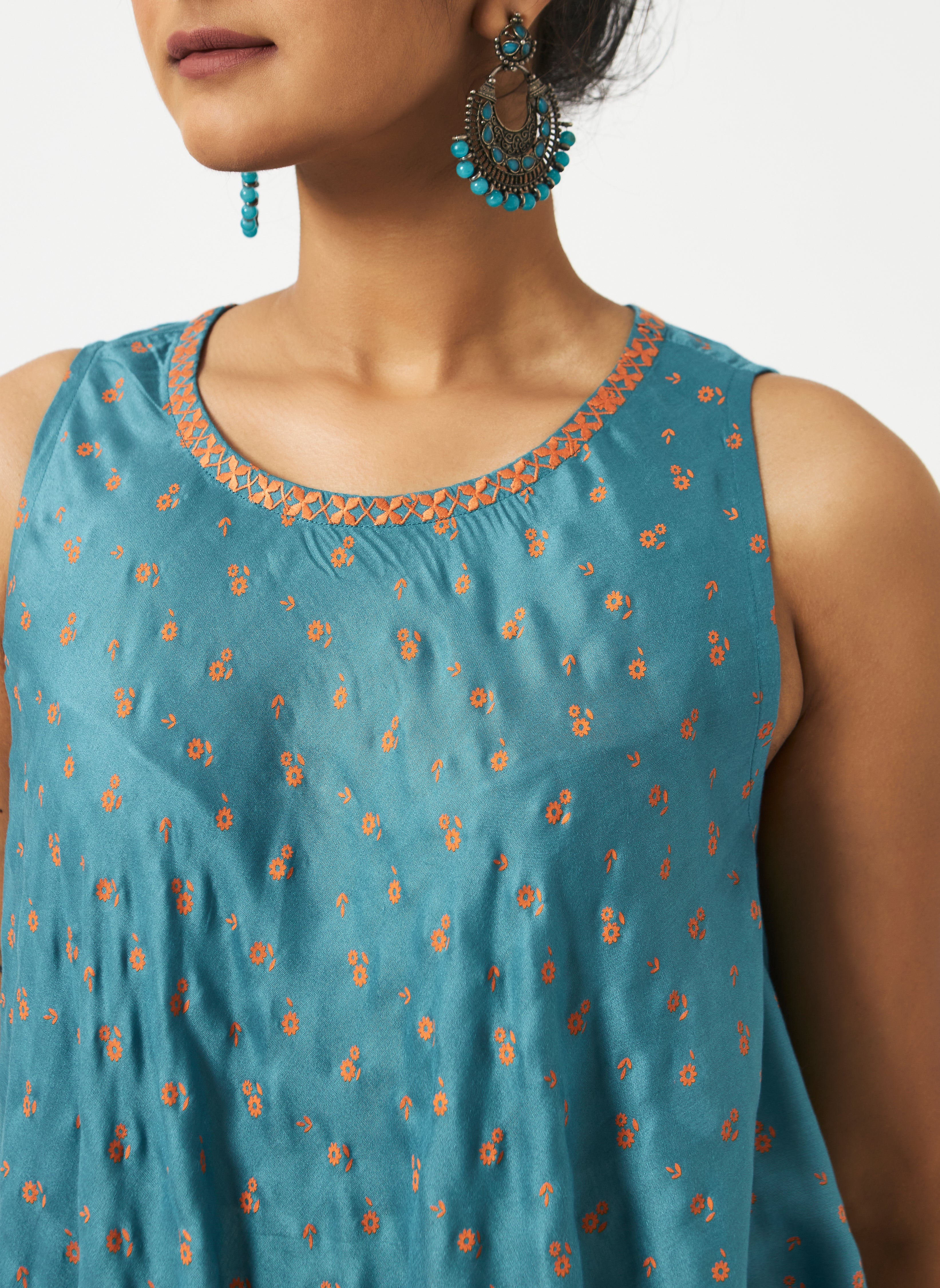 Eco Viscose Teal Blue Printed Sleeveless Dress-MSG175TLBL