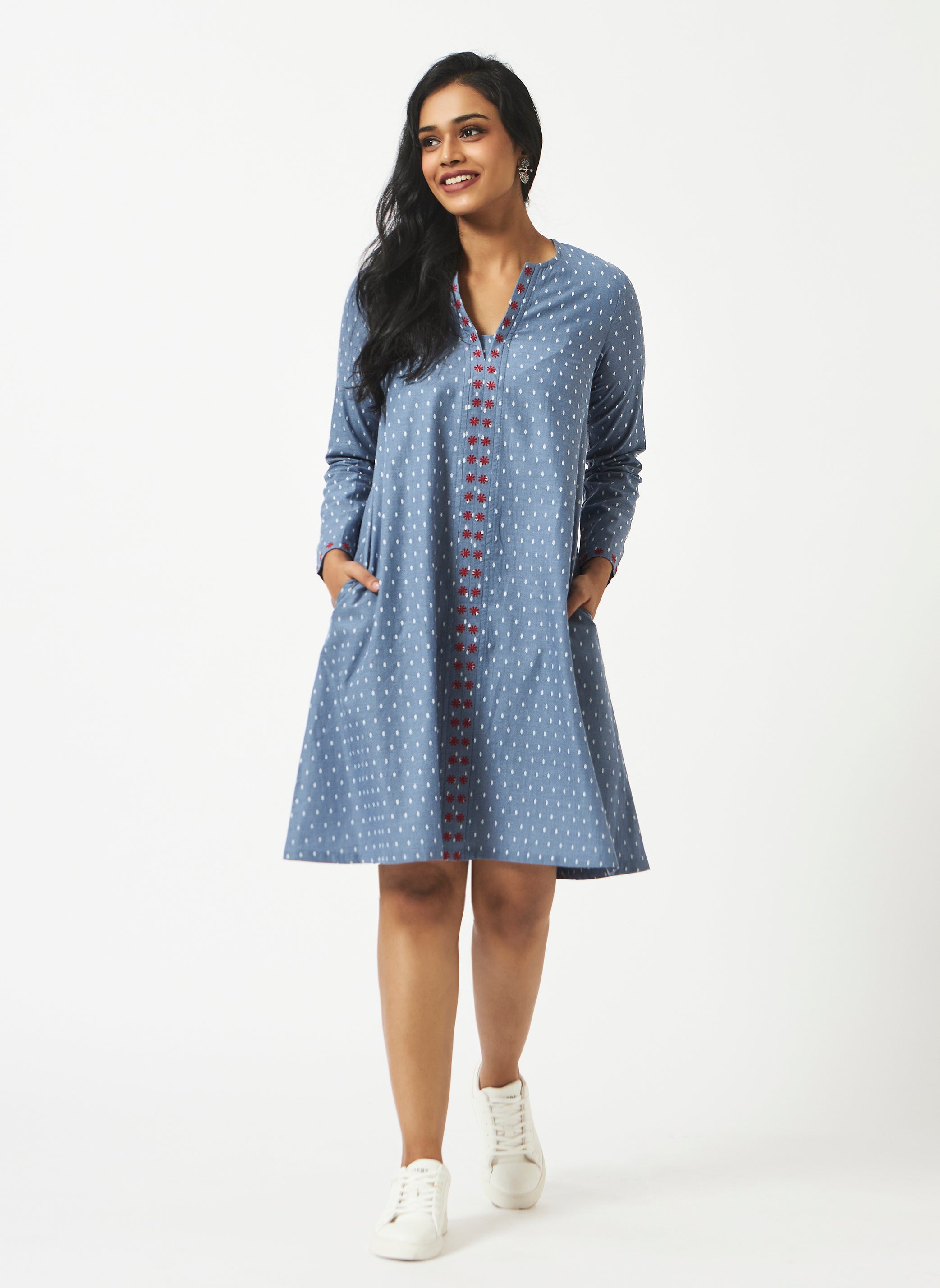 Organic Cotton Blue Chambray Dobby Full Sleeve Dress - MSG042BLDBY