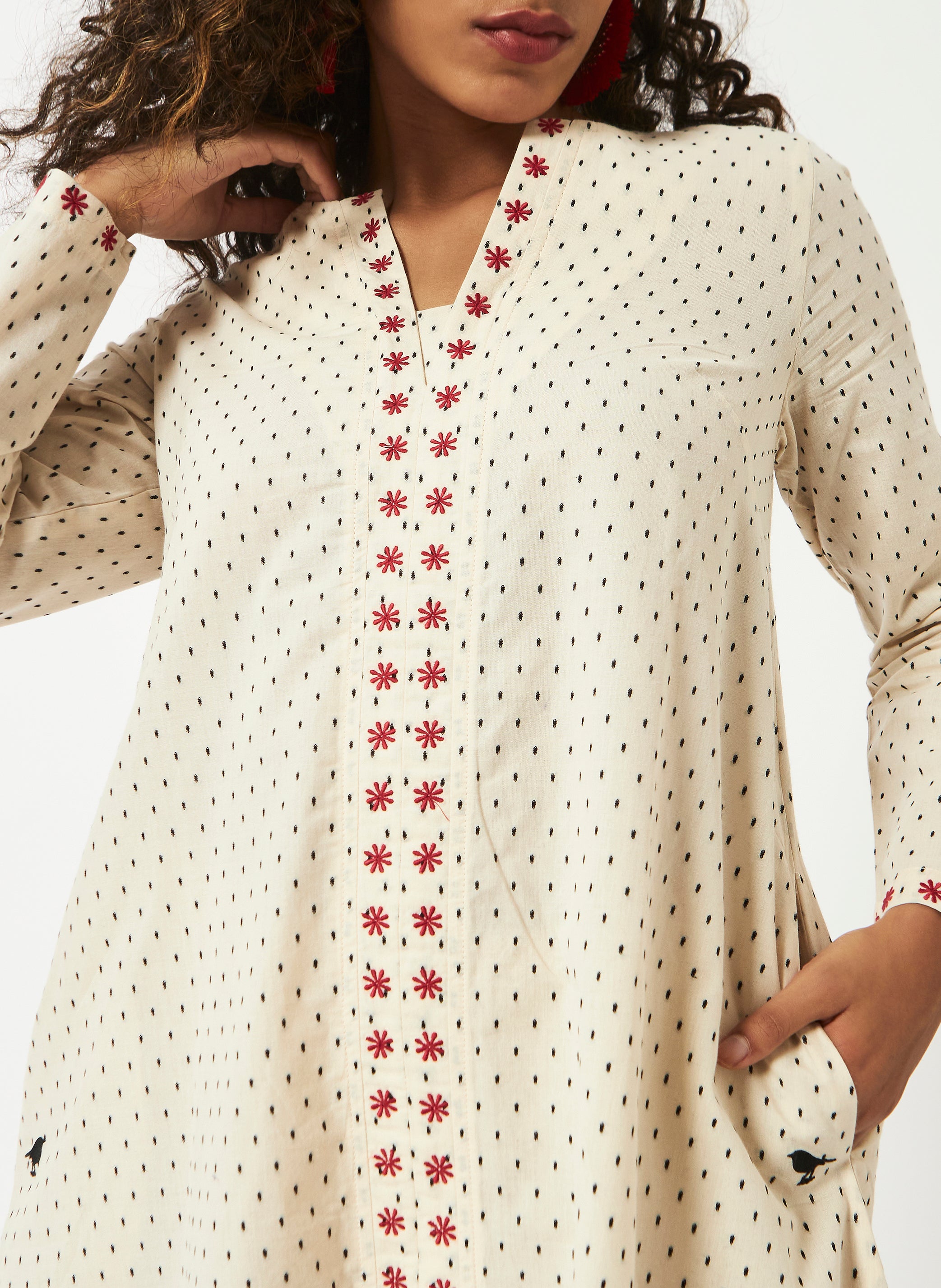 Organic Cotton Off-white Dobby Full Sleeve Dress - MSG042OW