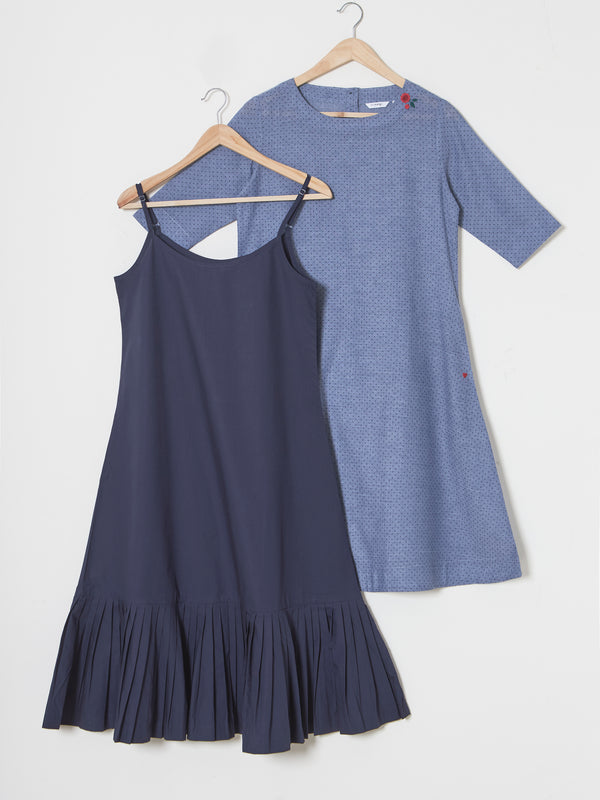 Organic Cotton Blue Chambray Printed Layered Half-Sleeve Dress - MSG06BCDT