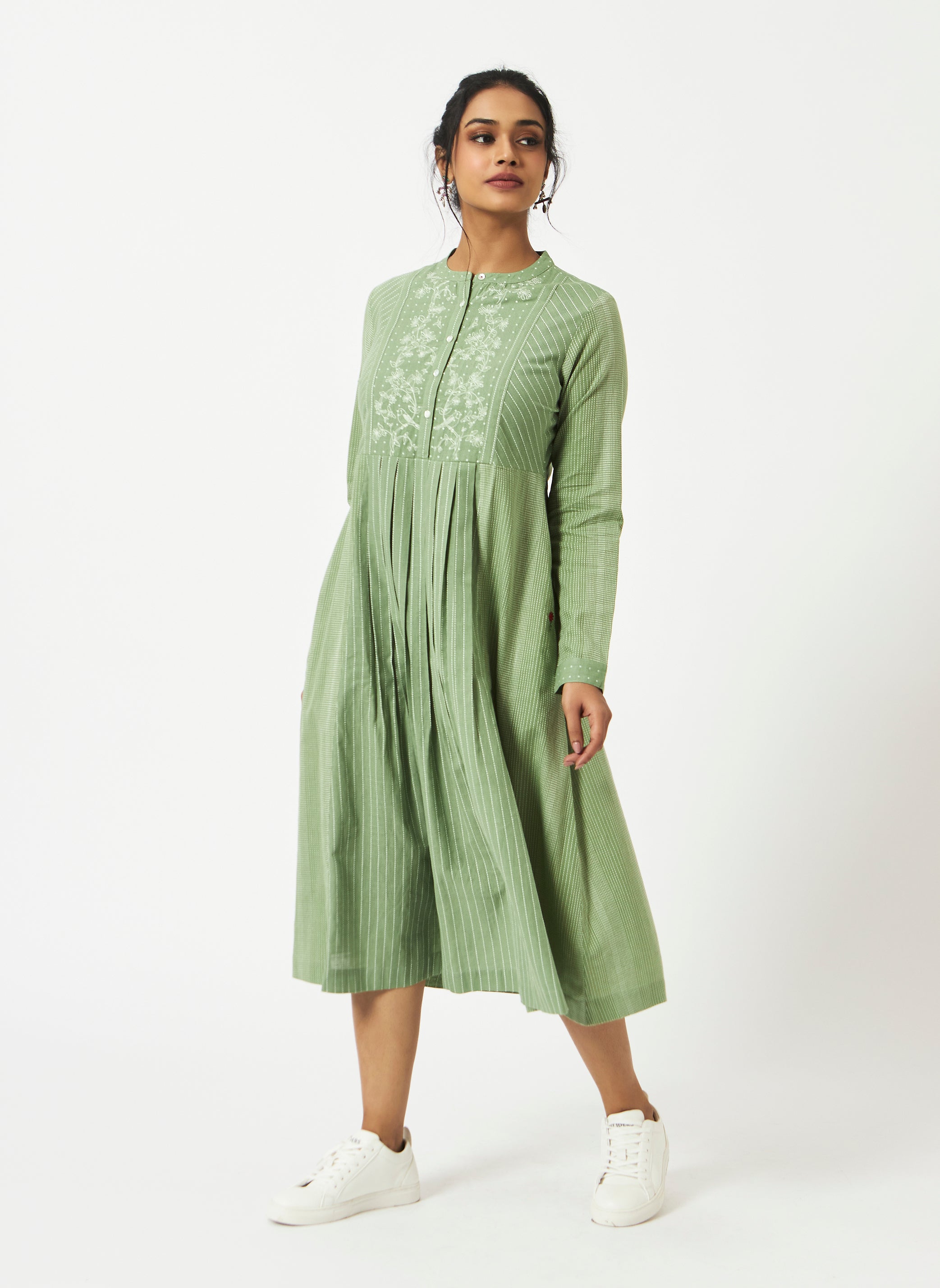 Organic Cotton Dobby Green Pleated Dress - MSG08GRNWDBY