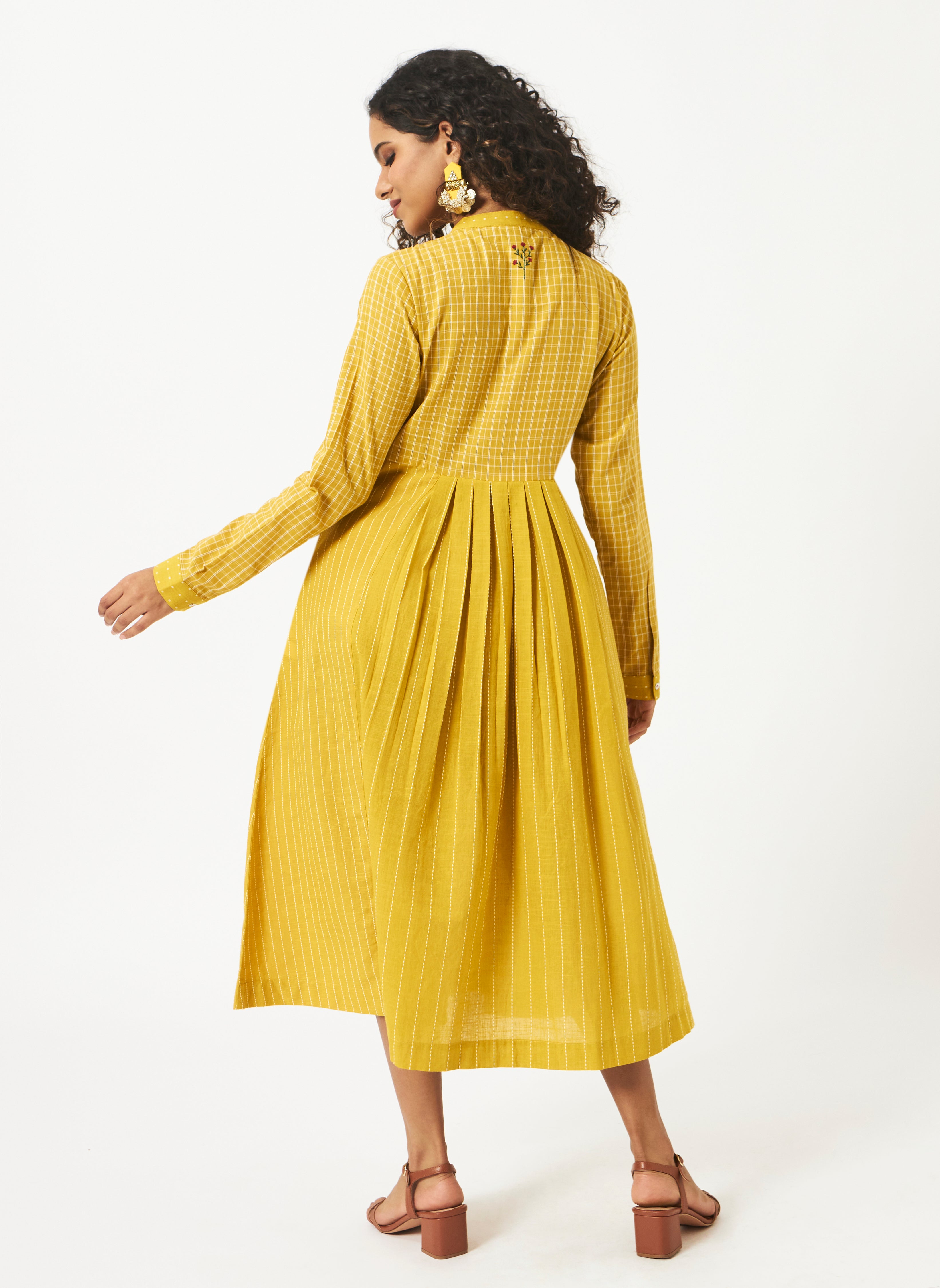 Organic Cotton Dobby Yellow Pleated Dress - MSG08BYLWDBY