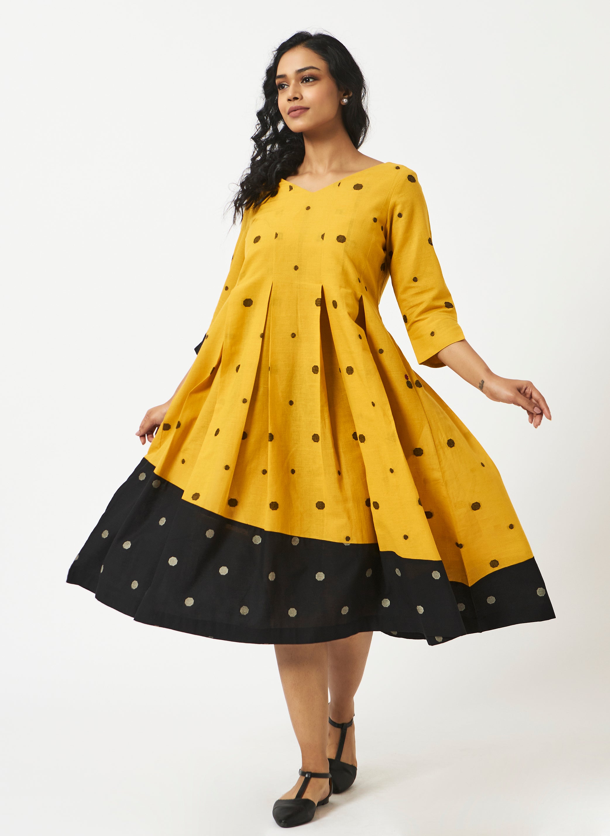 Organic Cotton Yellow Dobby Pleated V neck Dress - MSG1050YLWDBY