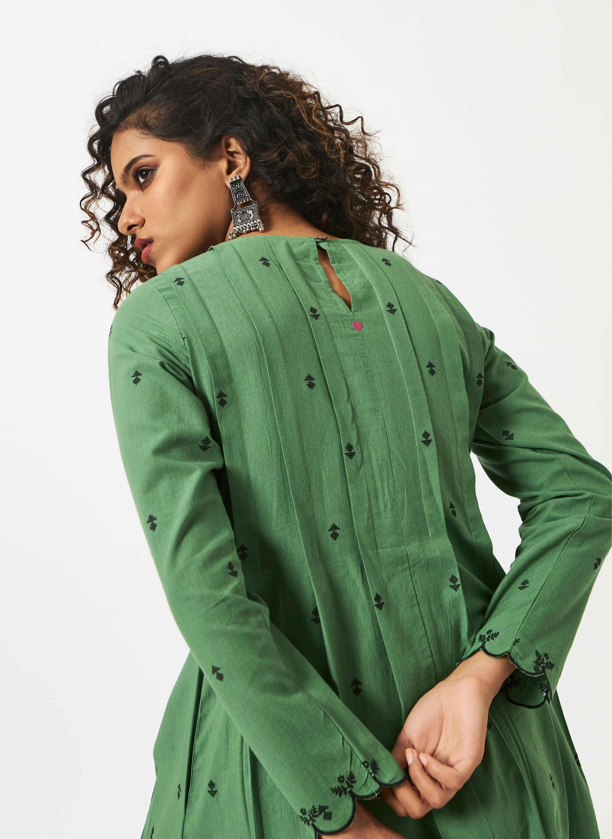 Organic Cotton Green Dobby Pleated Full Sleeve Dress - MSG46GRN