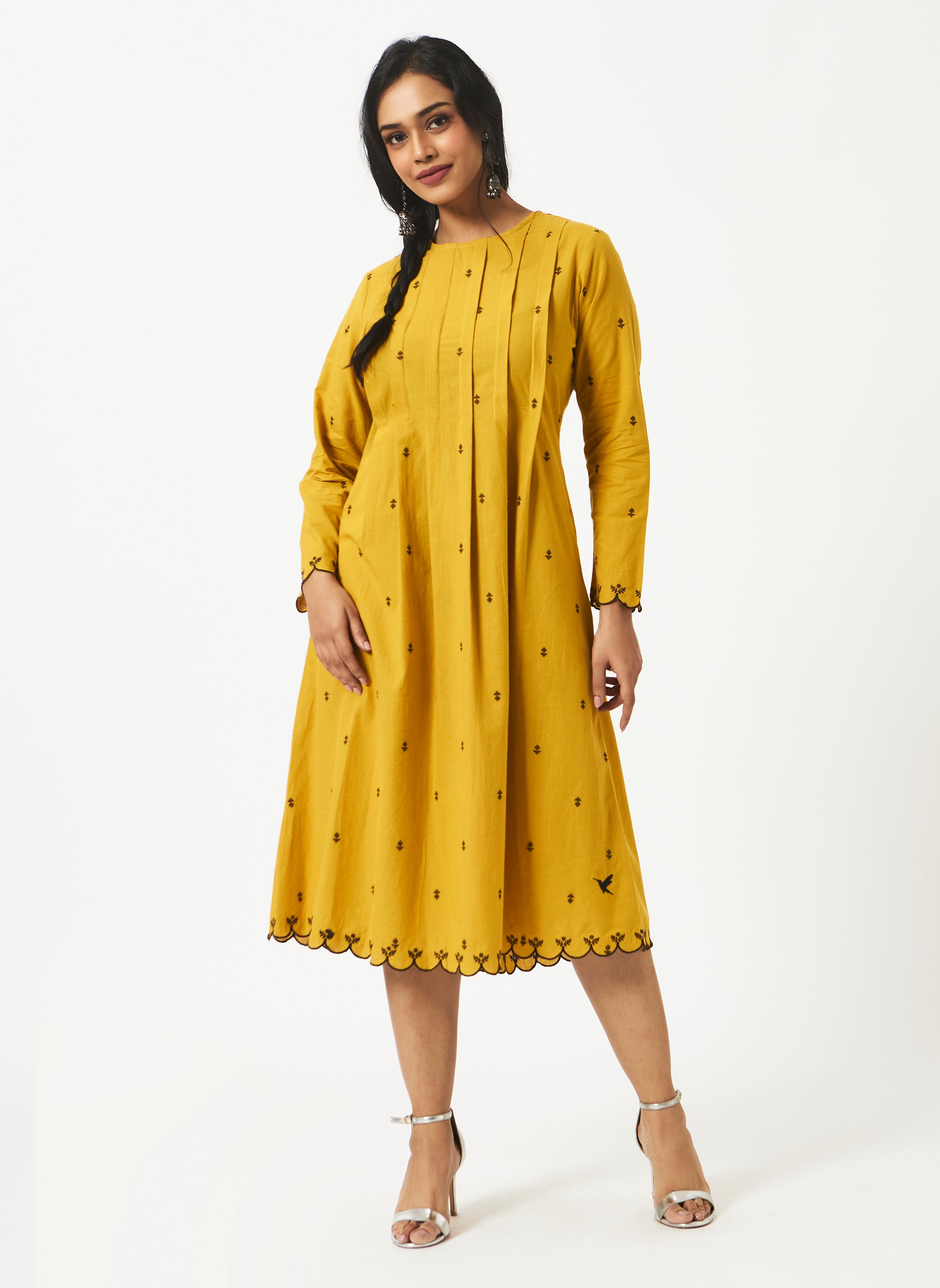 Organic Cotton yellow Dobby Pleated Full Sleeve Dress - MSG46YLW