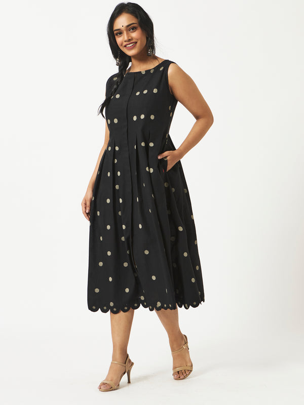 Organic Cotton Black Dobby Pleated Dress