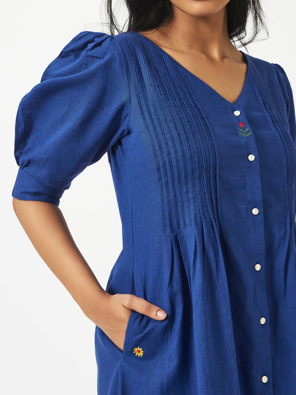Linen Cotton Blue Balloon Sleeve Dress MSGCS577INKB