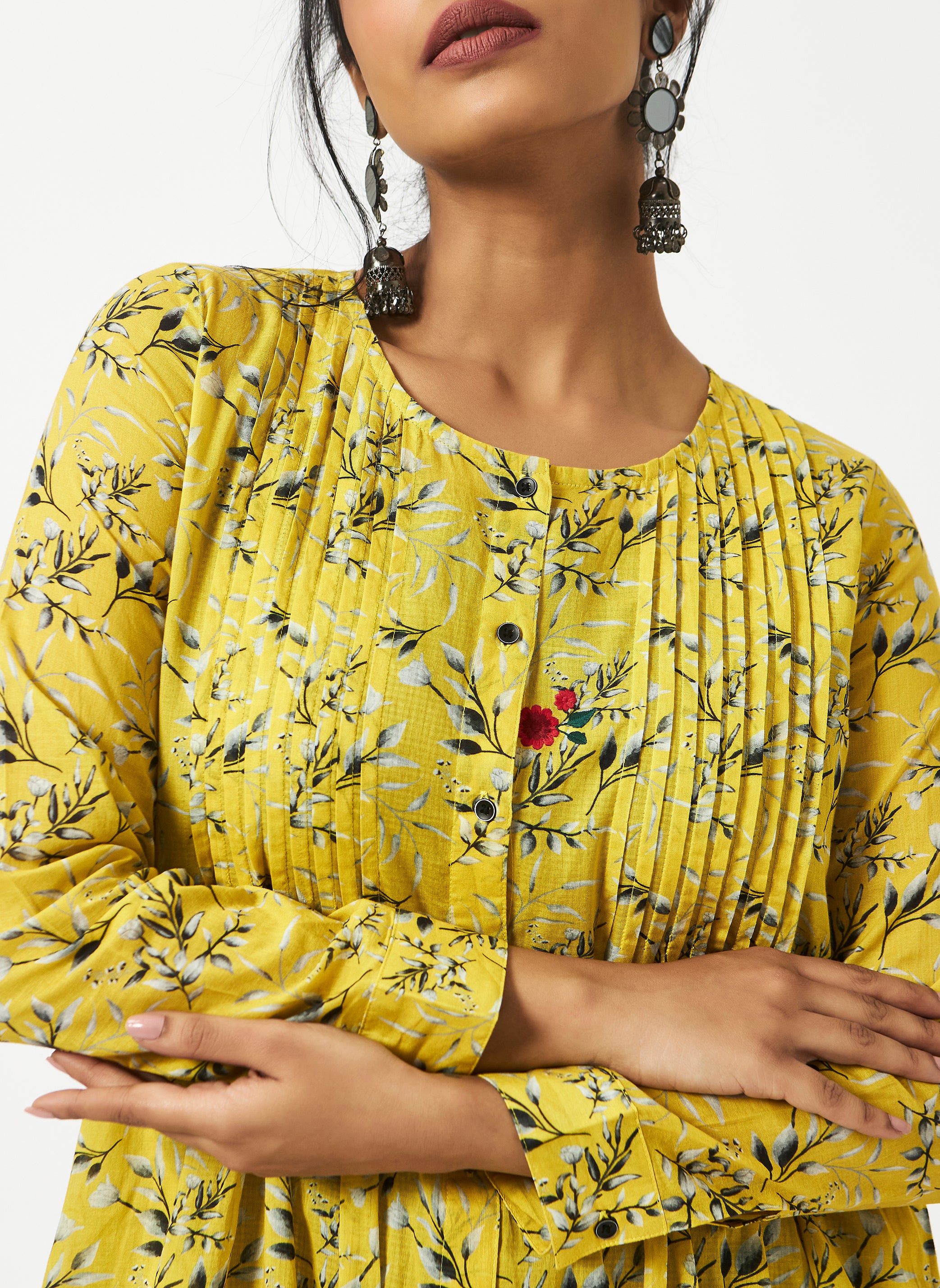 Organic Cotton Yellow Digital Printed Layered Pin-tuck Dress - MSG578YLWCHK