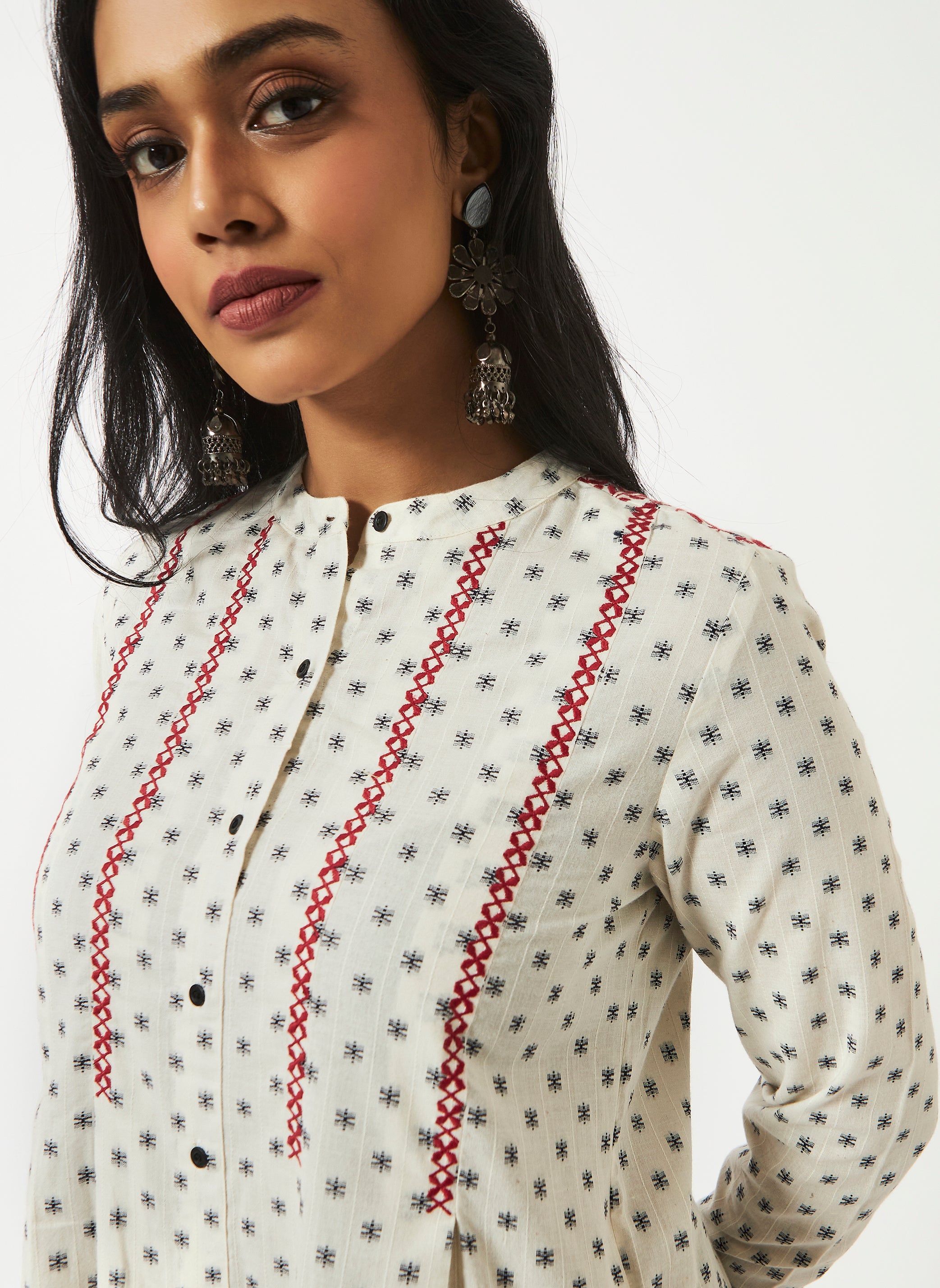 Organic Cotton Off-White Dobby Mandarin collar Dress - MSG57BOFWDBY