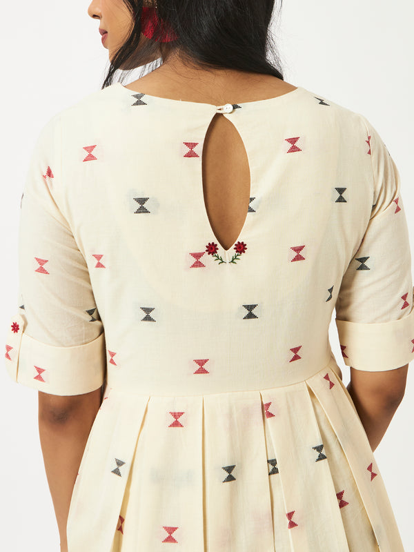 Organic Cotton Off-White Dobby Boat Neck Half Sleeve Dress - MSGVA11WHDBY