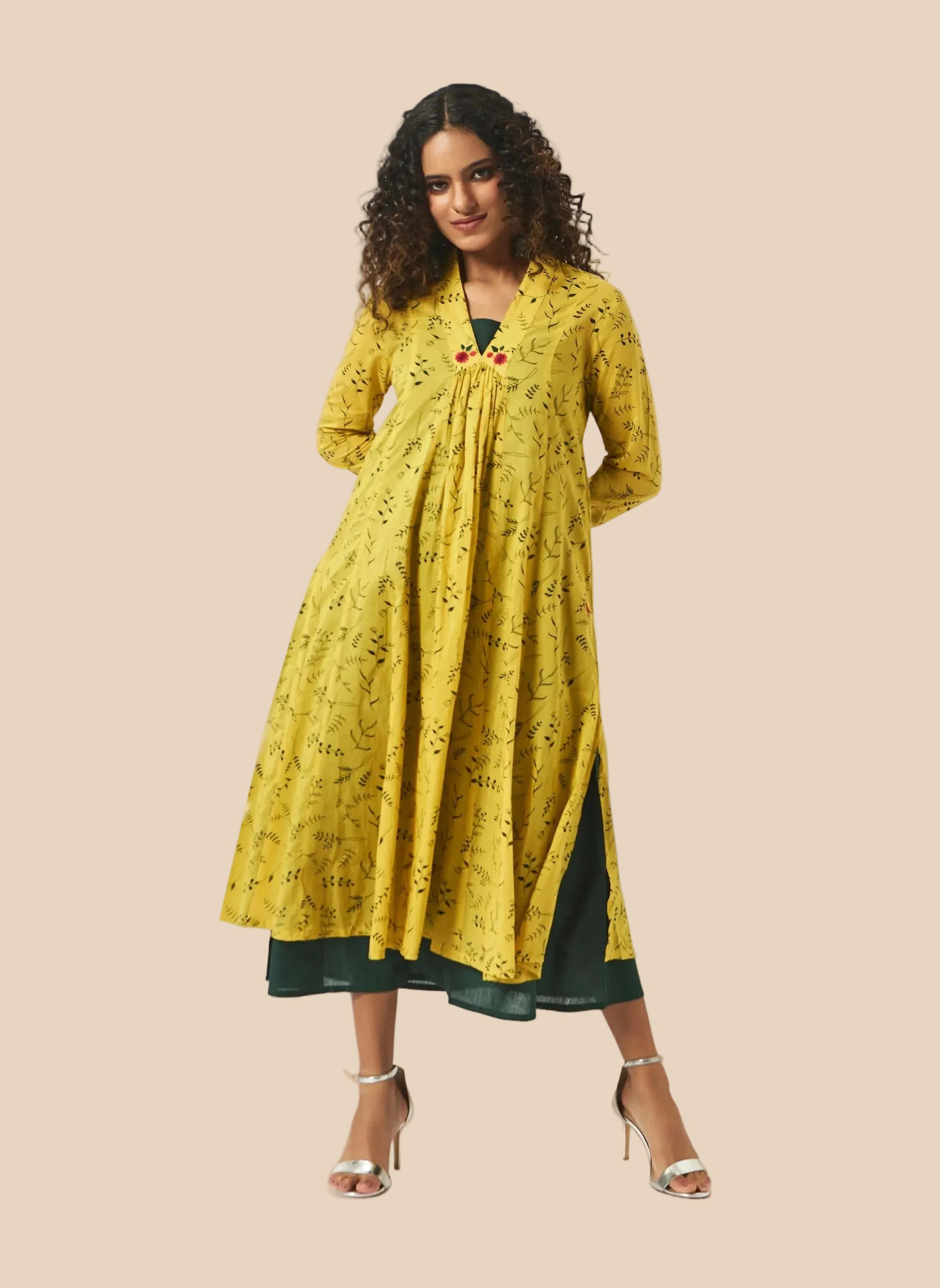 Organic Cotton Yellow V neck Printed Layered Dress - MSG041YLWG