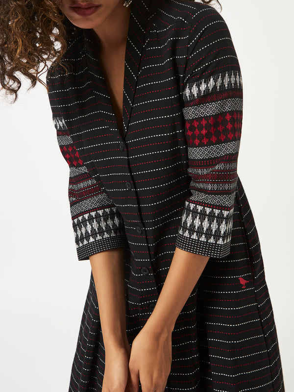 Organic Cotton Black Dobby Shawl Collar Pleated Dress - MSG60BBLJCQ