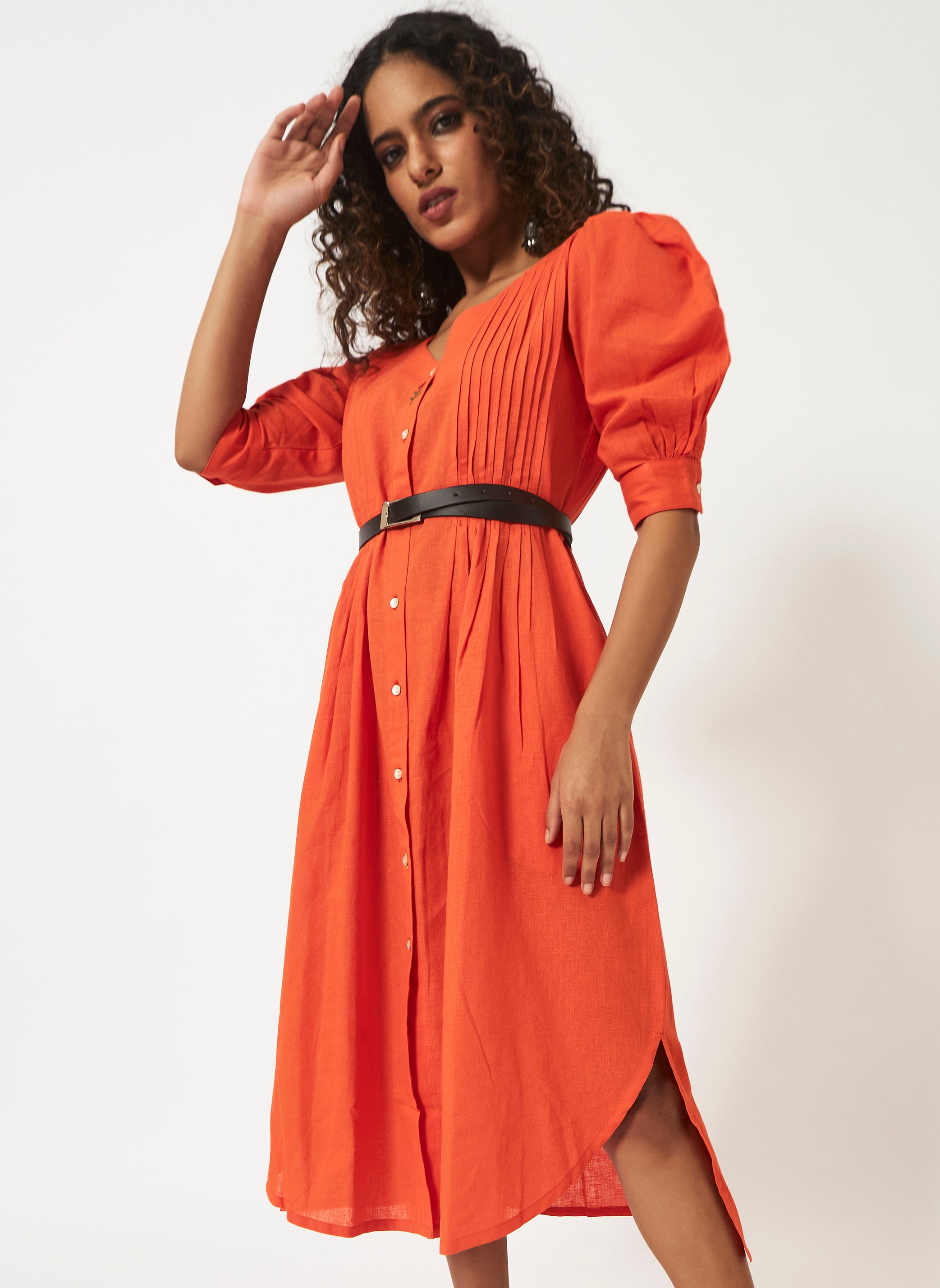 Linen Cotton Orange Balloon Sleeve Dress MSG577ORN