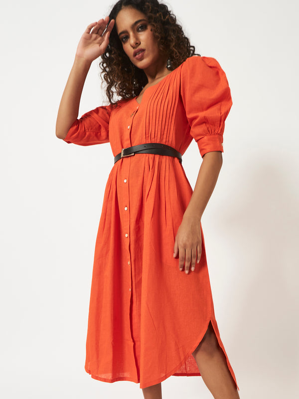 Linen Cotton Orange Balloon Sleeve Dress MSGCS577ORN