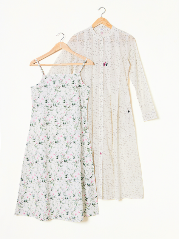 Organic cotton off-white printed madarin collar layered full sleeve dress - MSGCS57AGRN