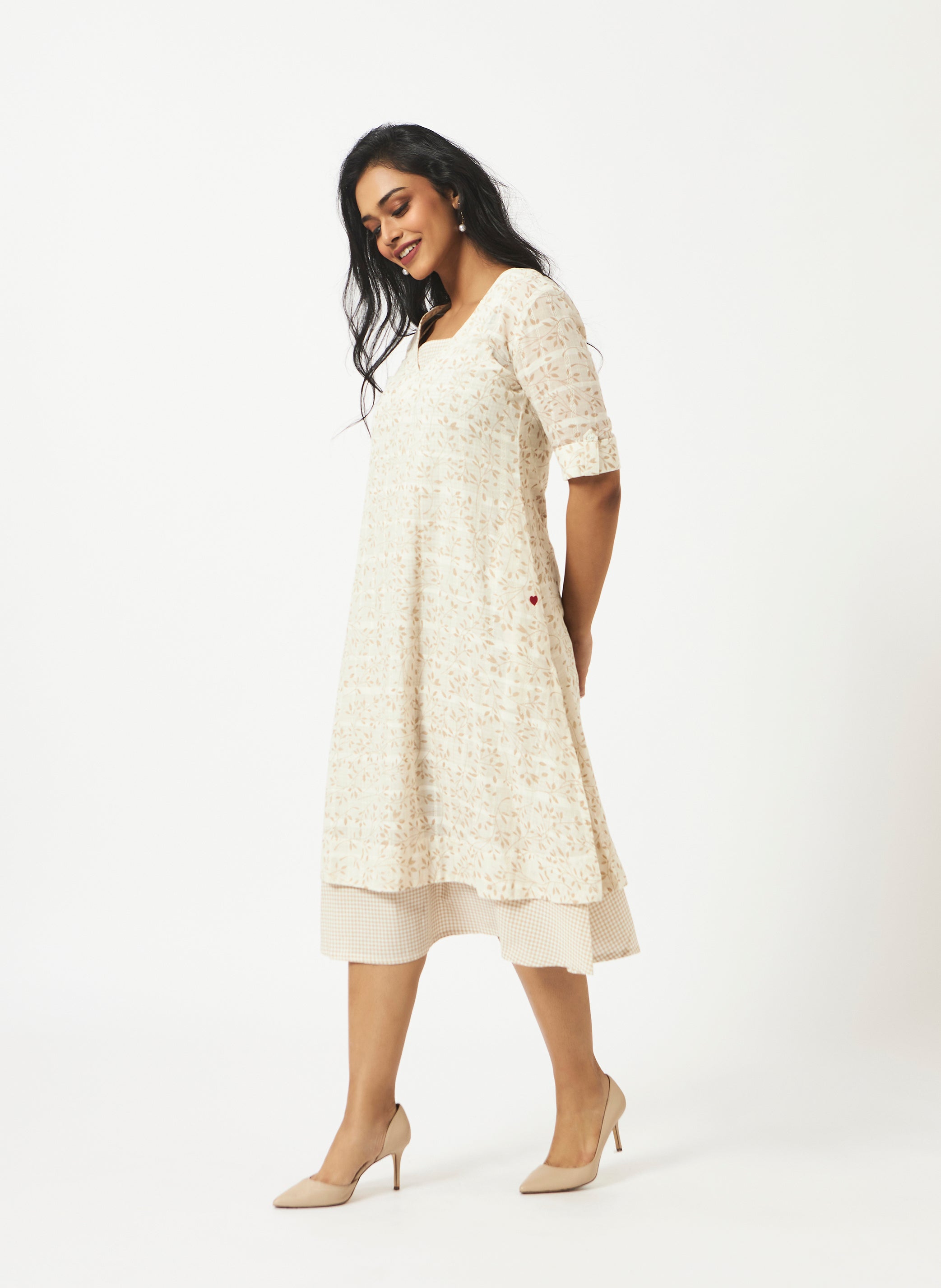 Organic Cotton Beige Printed Layered Dress - MSG06BPOW