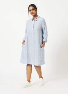 Mosegi-Linen Blue Pin Stripes dress