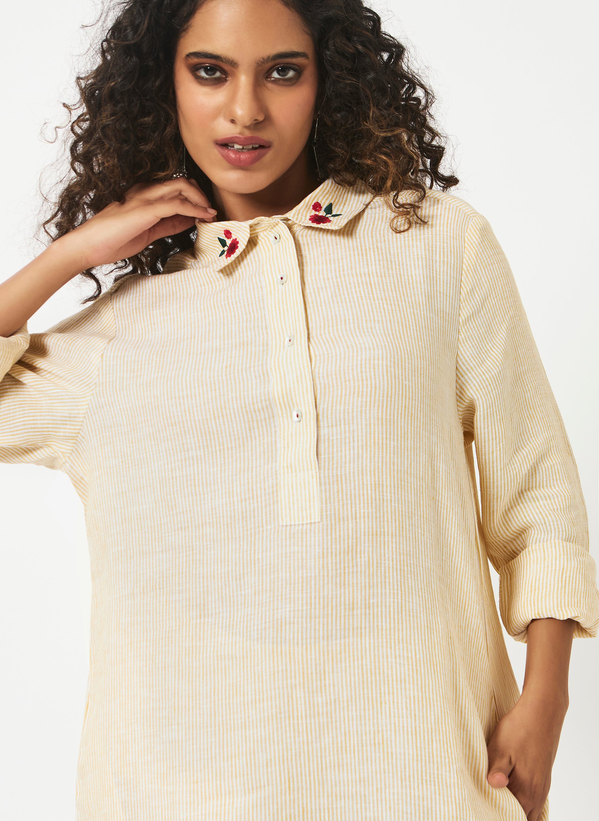 Mosegi-Linen Yellow Pin Stripes Dress