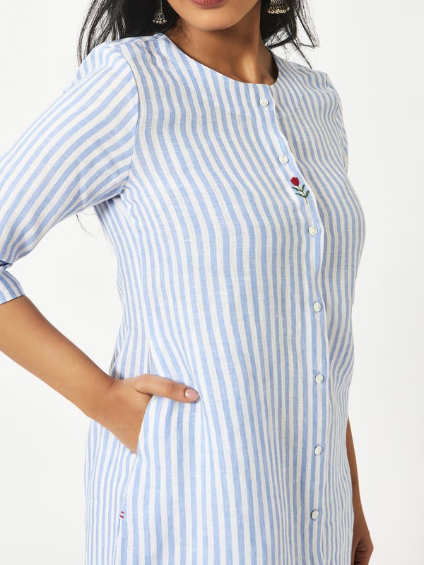 Mosegi-Linen Blue Stripes Kurta and Pant