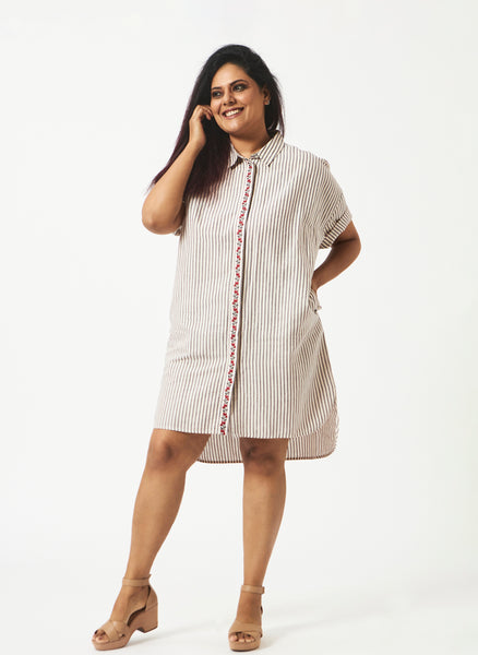 Linen Cotton Grey Stripes Oversized Shirt Dress MSGRT1035GRY