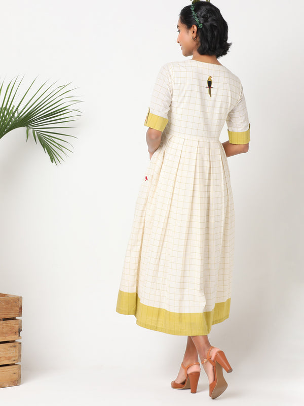 Handloom cotton off-white and yellow checks dress with embroidery - MSG11