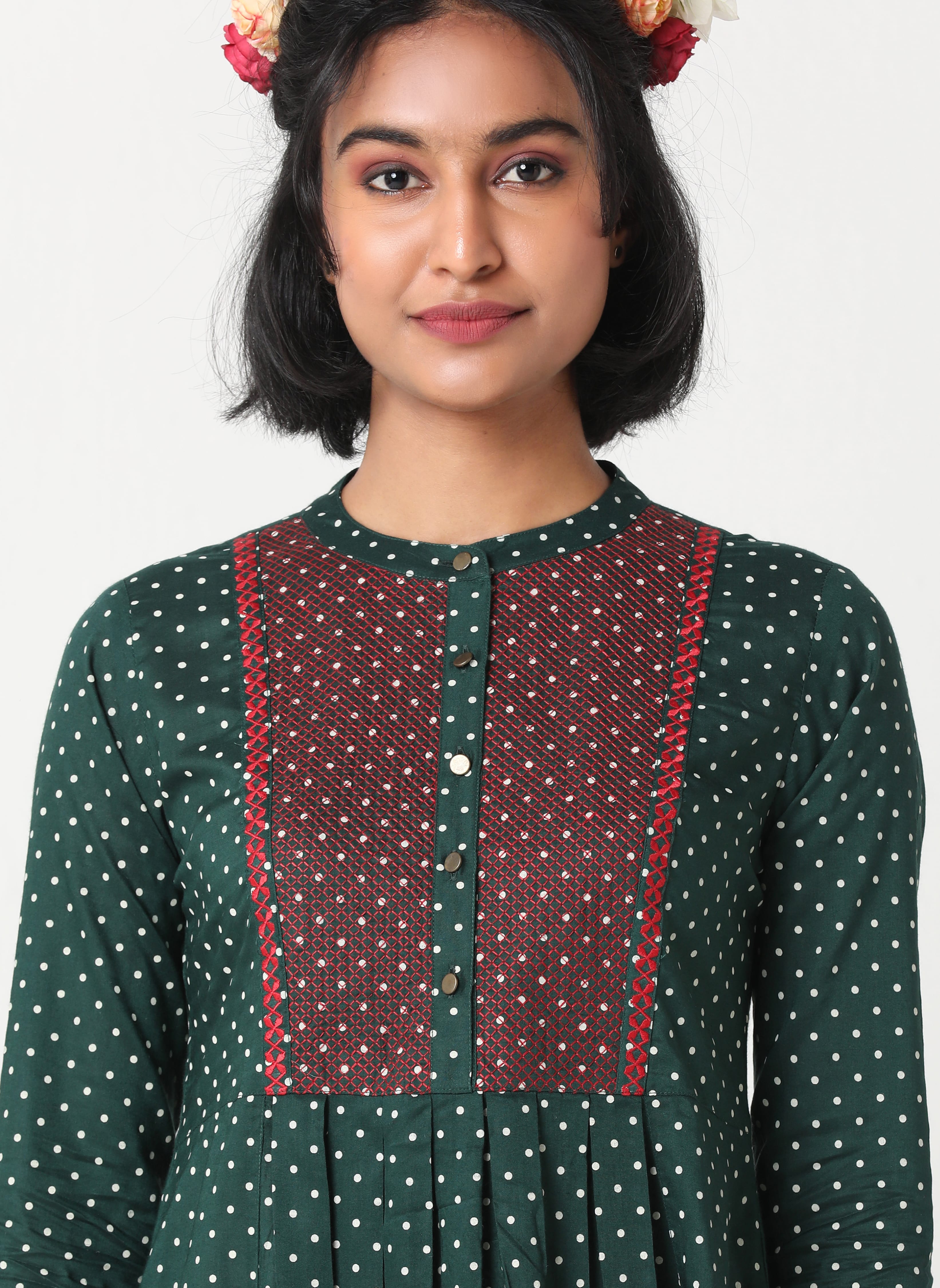 Green Polka dot dress with bib embroidery MSG08B