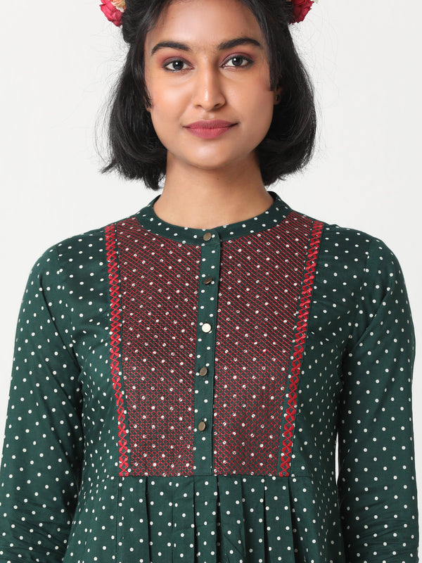 Green Polka dot dress with bib embroidery MSG08B