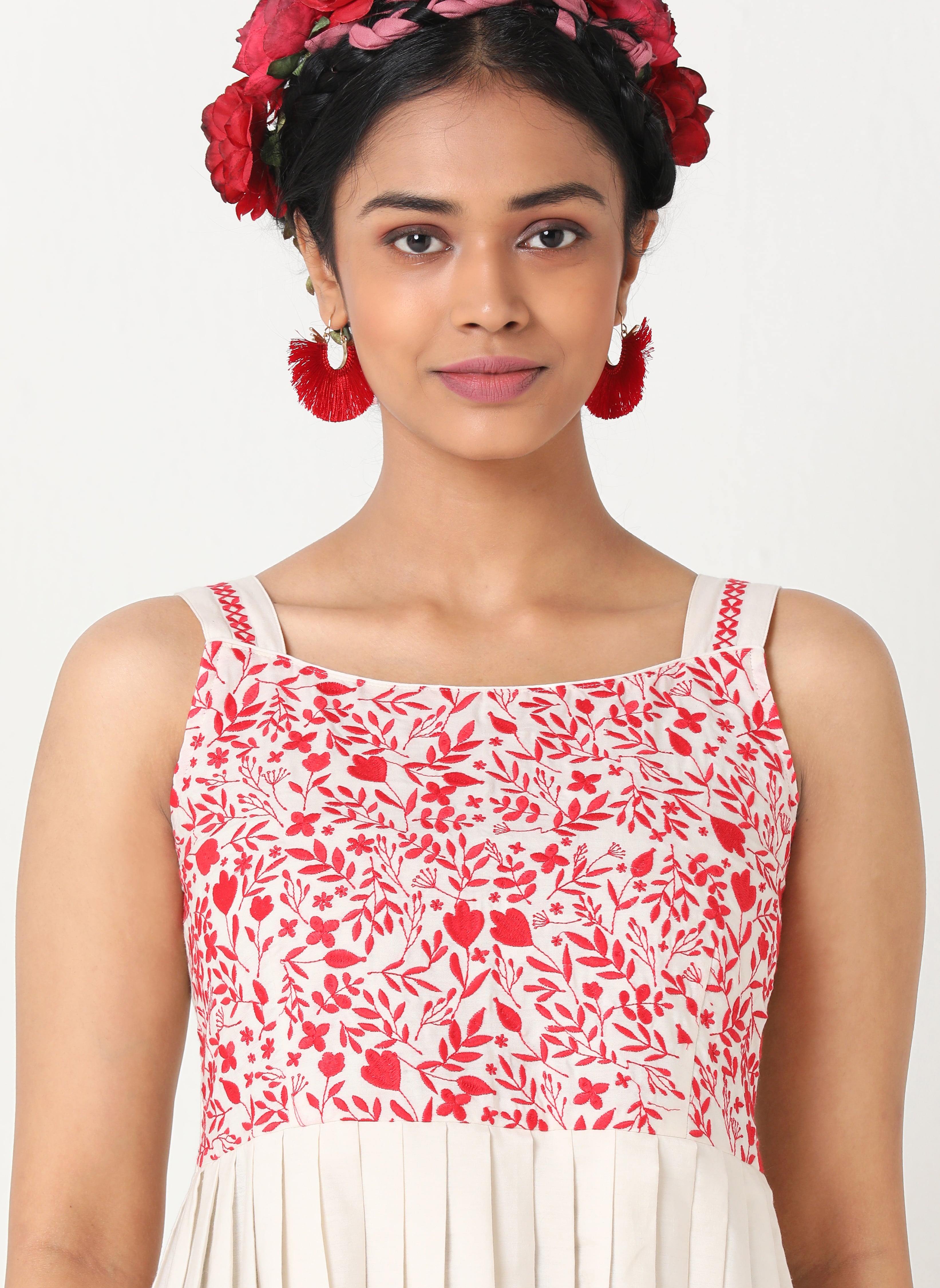 Off-white handloom cotton strappy dress with embroidery MSG155A