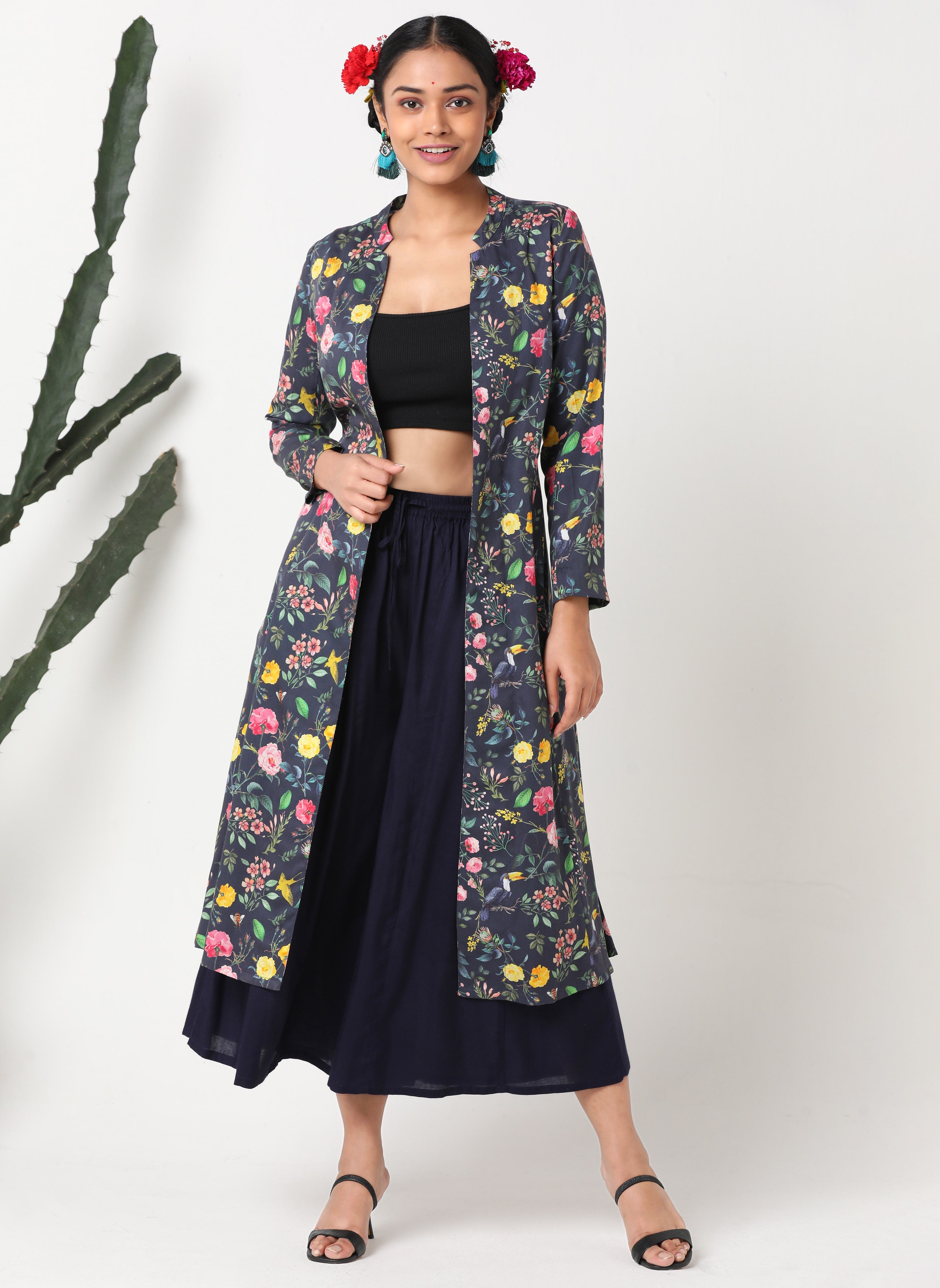 Dark blue digital printed Tencel floral jacket MSG165
