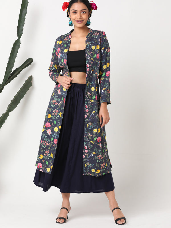 Dark blue digital printed Tencel floral jacket MSG165