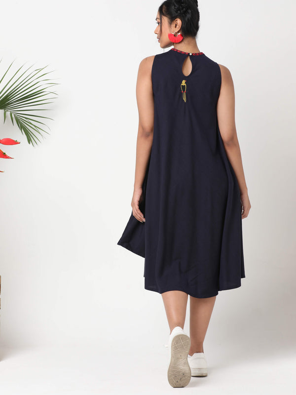 Dark blue sleeveless dress with asymmetric hemline and embroidery MSG175B