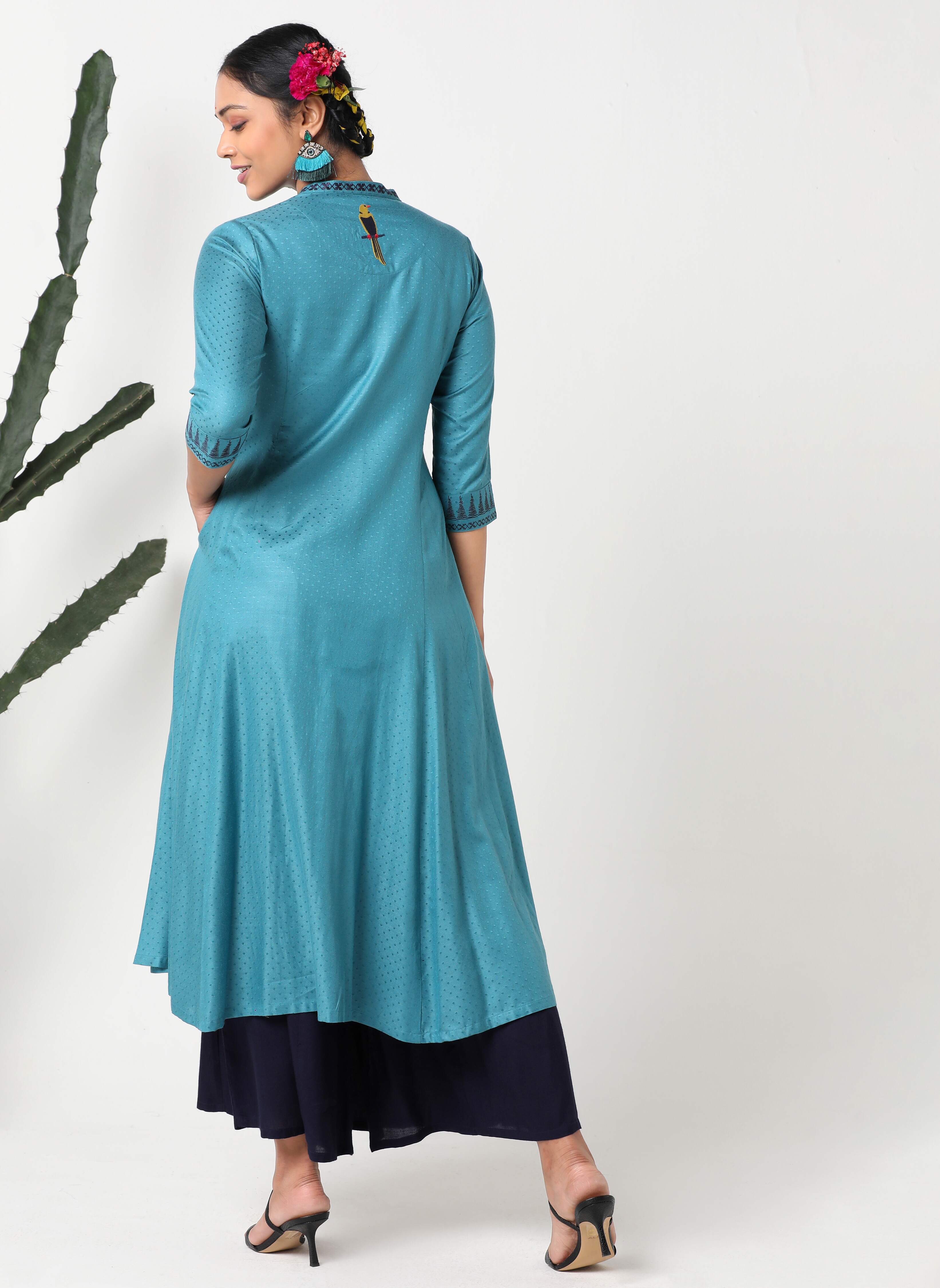 Teal blue embroidered kurta - MSG360