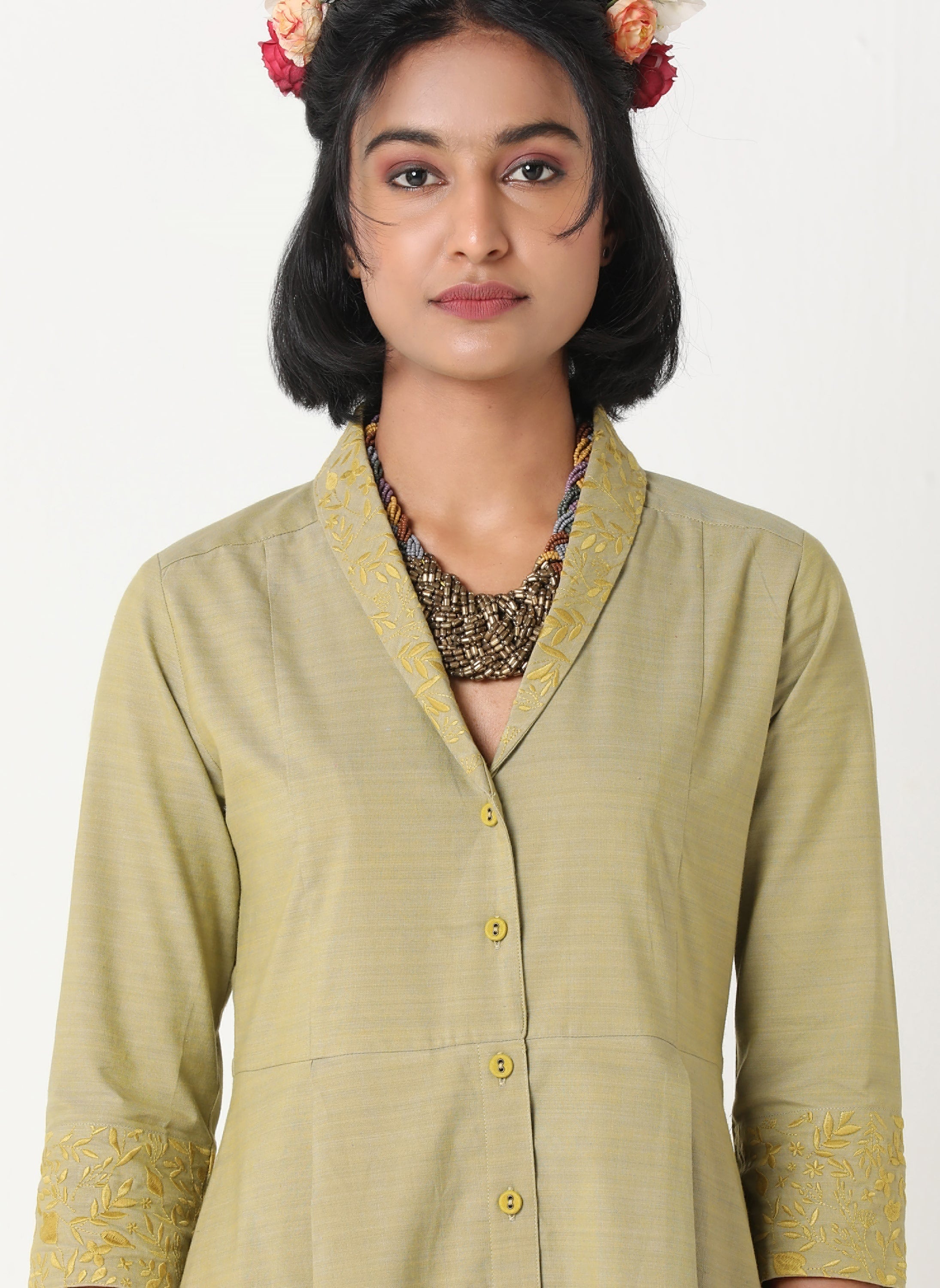 Handloom cotton yellow shawl collar embroidered dress- MSG60B