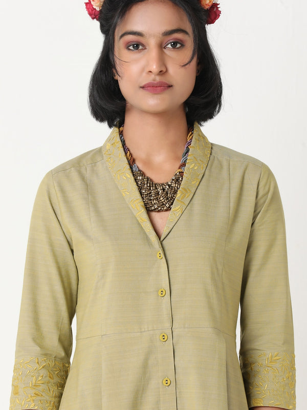 Handloom cotton yellow shawl collar embroidered dress- MSG60B