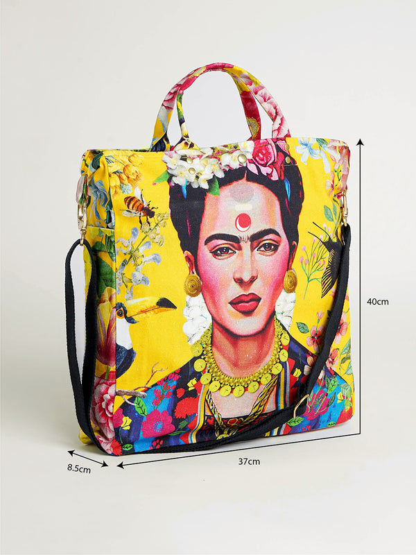 Yellow Frida Kahlo printed organic cotton Canvas bag