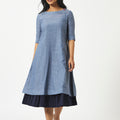 Organic Cotton Blue Chambray Printed Layered Half-Sleeve Dress - MSG06BCDT